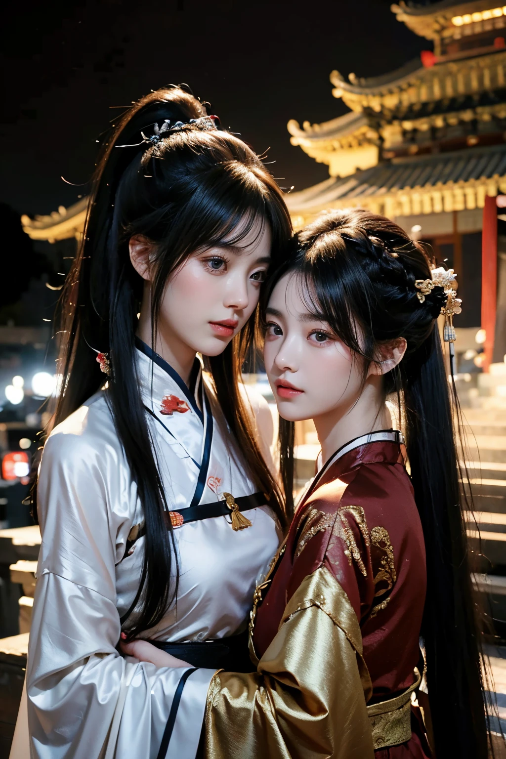 tmasterpiece,Best quality at best,A high resolution,8K,(portrait),(Close up of avatar),(RAW photogr),real photograph,digital photography,(Two ancient Chinese girls embracing each other),Two ancient Chinese girls,Red eyes,kissing each other,face to face,elegant and charming,Shyness blush,black silk clothing,Beautiful golden clothing pattern,A long ponytail hairstyle,By bangs,Night view of the old city,ancient fantasy,nigh sky,Delicatemakeup,fine texture