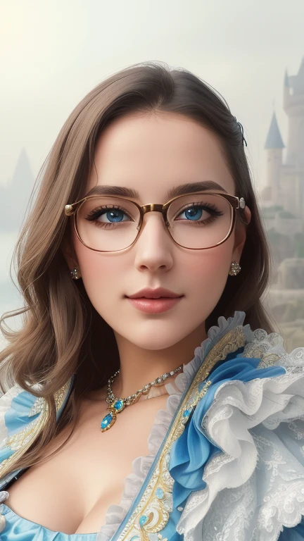 there is a European woman with glasses and a blue shirt posing for a picture, headshot profile picture, halfbody headshot, front portrait, looking straight to camera, closeup headshot, headshot photo, medium portrait, medium close up portrait, taken in the early 2020s, slightly smiling, mid shot portrait, looking away from camera, high quality portrait, 2 , blue eyesultra-detailed, extremely detailed,((anime artstyle)),Masterpiece,(Best Quality),(Super Detail),(Very Delicate and Beautiful),((Solo)),(((full body))),full body,((detailed face and eyes)),perfect eyes, rendered eyes,jewel-like beautiful eyes,((1 princess in beautiful embroidery and jeweled gorgeous rococo ballgown with frilled voluminous full length hoop skirt)),((Crinoline)),beautiful embroidery and jeweled gorgeous rococo ballgown with frilled voluminous full length hoop skirt,(large amount of straight hair,extremely voluminous Very Long straight Hair,Absolutely Long Straight Hair),sparkly skin,(((very gigantic boobs,skindentation))),Bursting breasts,cleavage,((fantasy castle,outdoors,outside the castle)),long_gloves,extremely gorgeousfull jeweled hair ornament,(bling-bling extremely gorgeousfull jeweled tiara),(luxurious jewelry),full body,beautiful embroidery and jeweled gorgeous rococo ballgown with frilled voluminous full length hoop skirt