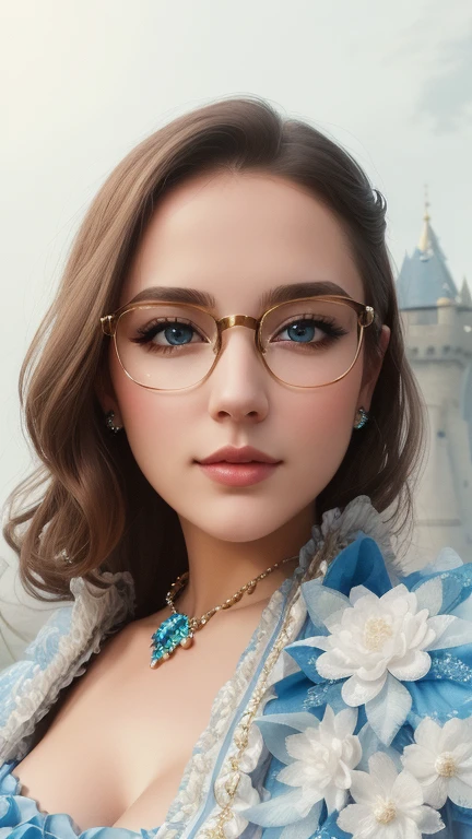 there is a European woman with glasses and a blue shirt posing for a picture, headshot profile picture, halfbody headshot, front portrait, looking straight to camera, closeup headshot, headshot photo, medium portrait, medium close up portrait, taken in the early 2020s, slightly smiling, mid shot portrait, looking away from camera, high quality portrait, 2 8 years old, blue eyesultra-detailed, extremely detailed,((anime artstyle)),Masterpiece,(Best Quality),(Super Detail),(Very Delicate and Beautiful),((Solo)),(((full body))),full body,((detailed face and eyes)),perfect eyes, rendered eyes,jewel-like beautiful eyes,((1 princess in beautiful embroidery and jeweled gorgeous rococo ballgown with frilled voluminous full length hoop skirt)),((Crinoline)),beautiful embroidery and jeweled gorgeous rococo ballgown with frilled voluminous full length hoop skirt,(large amount of straight hair,extremely voluminous Very Long straight Hair,Absolutely Long Straight Hair),sparkly skin,(((very gigantic boobs,skindentation))),Bursting breasts,cleavage,((fantasy castle,outdoors,outside the castle)),long_gloves,extremely gorgeousfull jeweled hair ornament,(bling-bling extremely gorgeousfull jeweled tiara),(luxurious jewelry),full body,beautiful embroidery and jeweled gorgeous rococo ballgown with frilled voluminous full length hoop skirt
