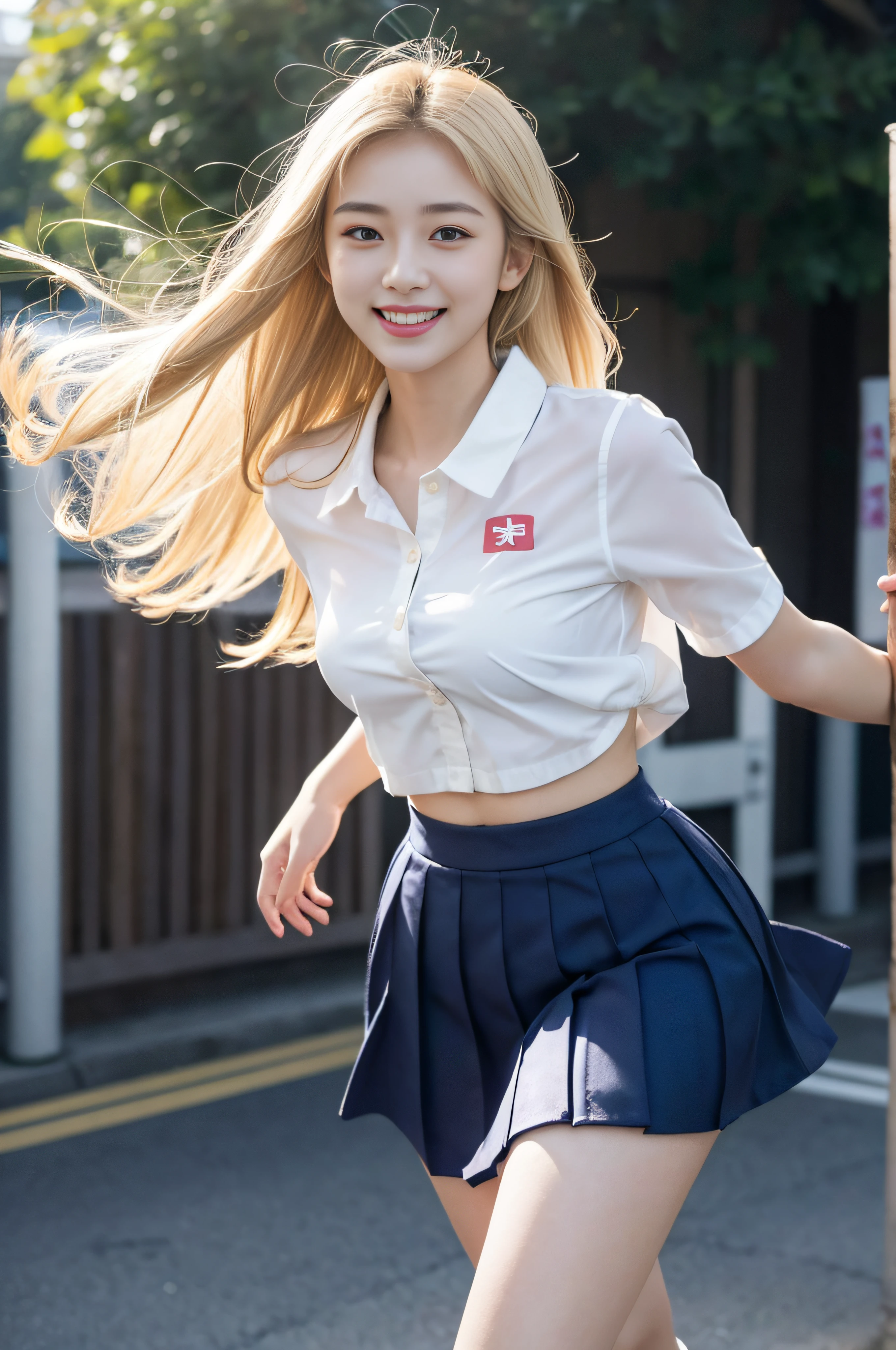 1girl in、A smile、The shirt、skirt by the、(small tits)Chilarism、Japan High School Student Uniform、serafuku、summer clothing、(Sheer Bra)、Upper body portrait、blonde hair、Dynamism!!Running with the wind、
