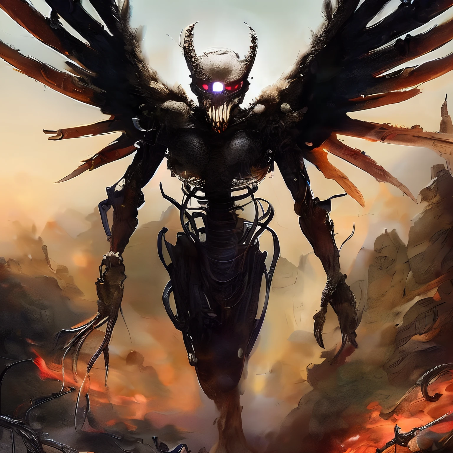 A 6'9 pitch black monster with an elongated mouth, white glowing eyes and 20inch arms, nubs as feet with claws scalping the ground under it, skinny body