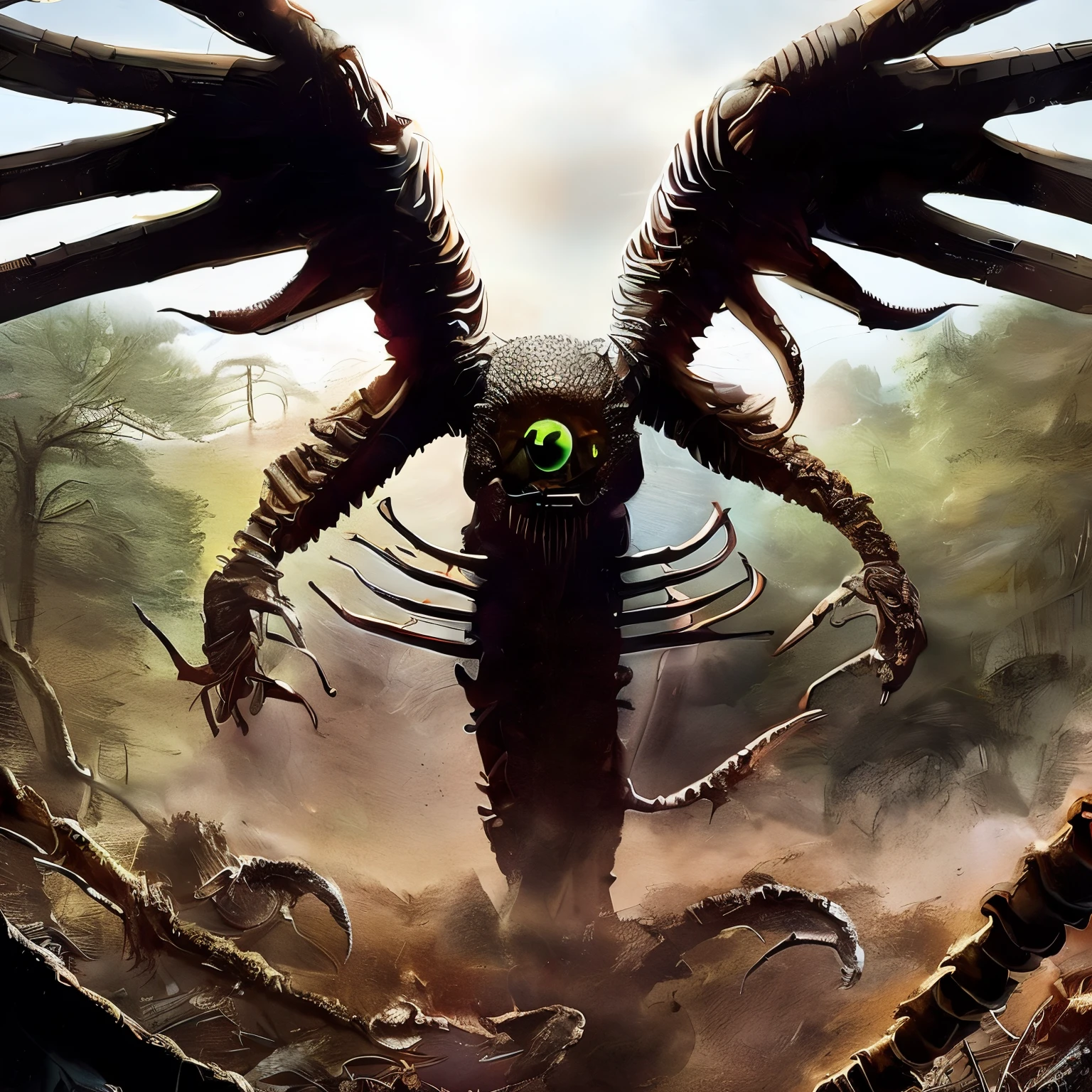 A 6'9 pitch black monster with an elongated mouth, white glowing eyes and 20inch arms, nubs as feet with claws scalping the ground under it, skinny body