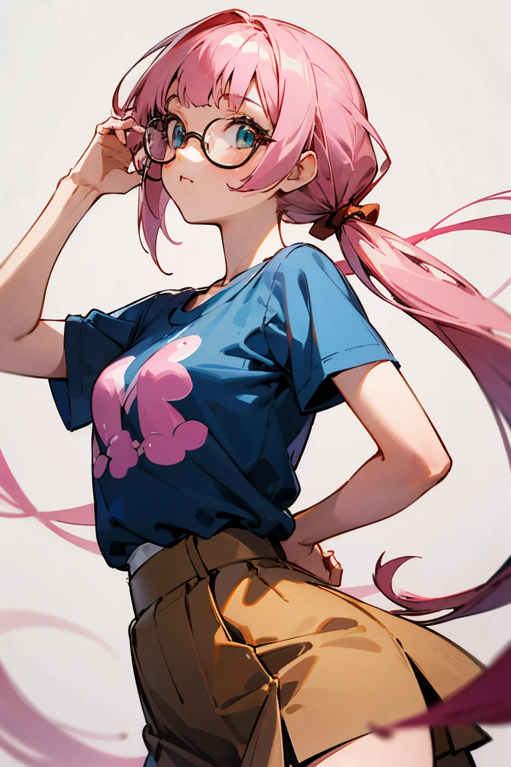 anime illustration {Girl with pink hair, pink bangs and long strands, two low ponytails. with glasses on, detailed hazel eyes. blue T-shirt and brown skirt} .