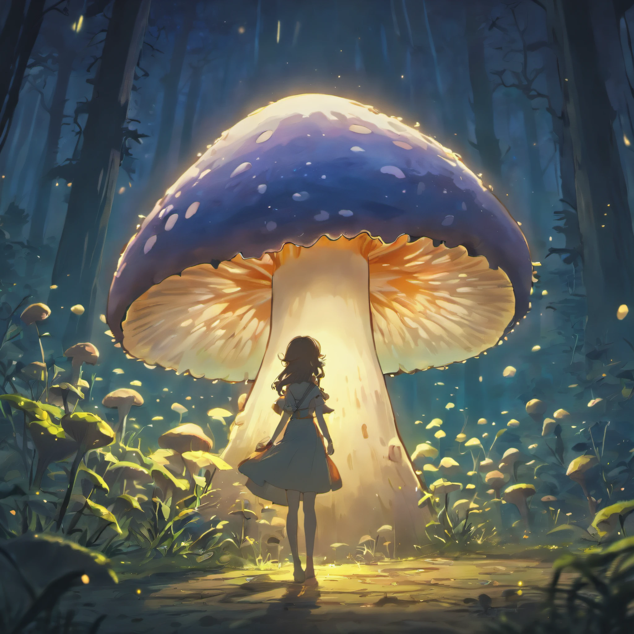 Bioluminescent Mushroom, flourishing in a tranquil garden bathed in the soft light of dawn, surrounded by delicate flora, the scene exuding serenity and the promise of a new day, Photography, macro lens (50mm), natural light