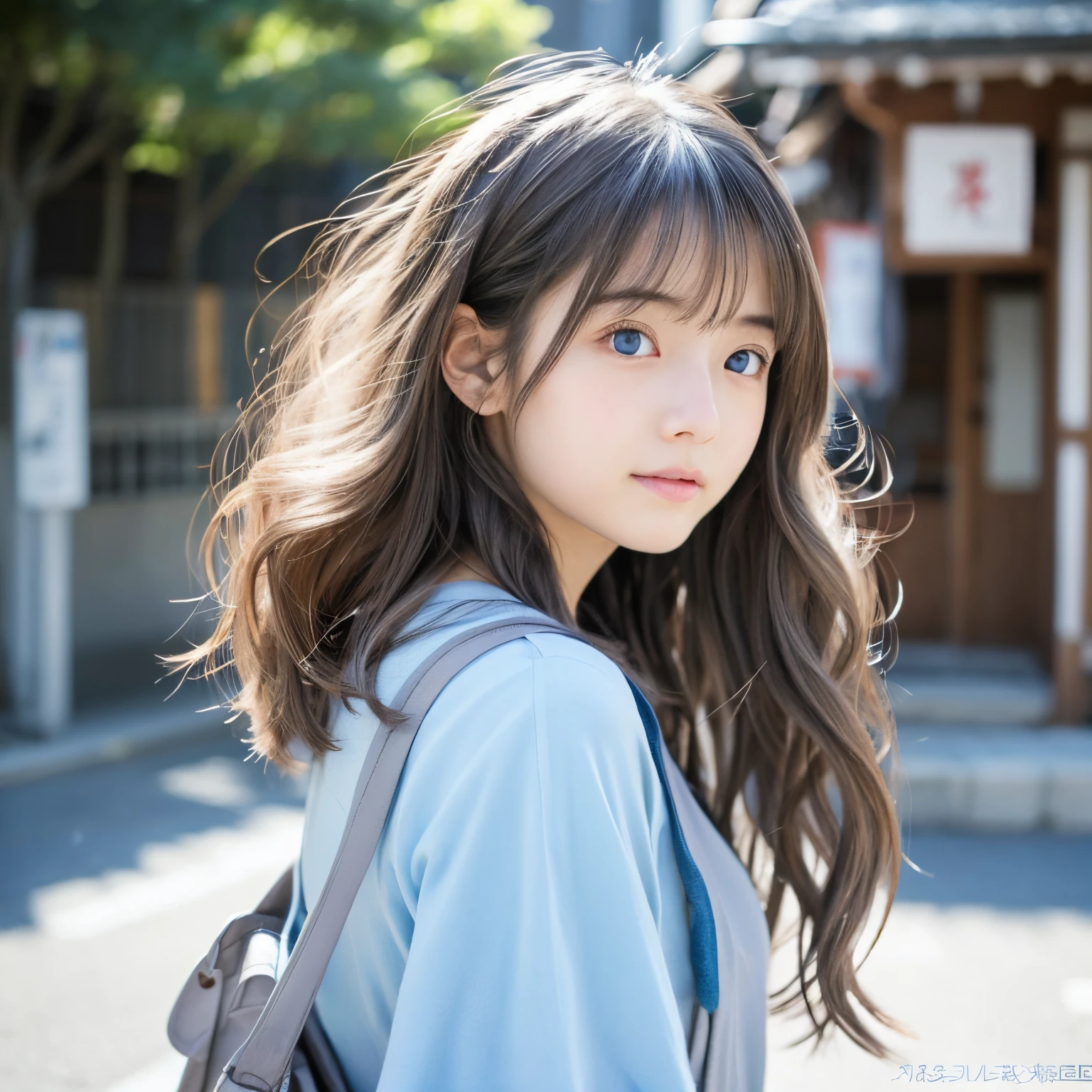 girl with、Wavy gray hair、eyes are light blue、Clothes are Japanese clothes