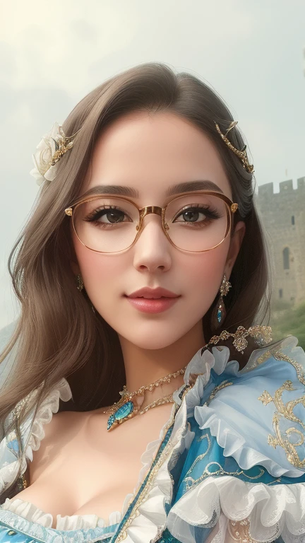 there is a woman with glasses and a blue shirt posing for a picture, headshot profile picture, halfbody headshot, front portrait, looking straight to camera, closeup headshot, headshot photo, medium portrait, medium close up portrait, taken in the early 2020s, slightly smiling, mid shot portrait, looking away from camera, high quality portrait, 2 8 years oldultra-detailed, extremely detailed,((anime artstyle)),Masterpiece,(Best Quality),(Super Detail),(Very Delicate and Beautiful),((Solo)),(((full body))),full body,((detailed face and eyes)),perfect eyes, rendered eyes,jewel-like beautiful eyes,((1 princess in beautiful embroidery and jeweled gorgeous rococo ballgown with frilled voluminous full length hoop skirt)),((Crinoline)),beautiful embroidery and jeweled gorgeous rococo ballgown with frilled voluminous full length hoop skirt,(large amount of straight hair,extremely voluminous Very Long straight Hair,Absolutely Long Straight Hair),sparkly skin,(((very gigantic boobs,skindentation))),Bursting breasts,cleavage,((fantasy castle,outdoors,outside the castle)),long_gloves,extremely gorgeousfull jeweled hair ornament,(bling-bling extremely gorgeousfull jeweled tiara),(luxurious jewelry),full body,beautiful embroidery and jeweled gorgeous rococo ballgown with frilled voluminous full length hoop skirt