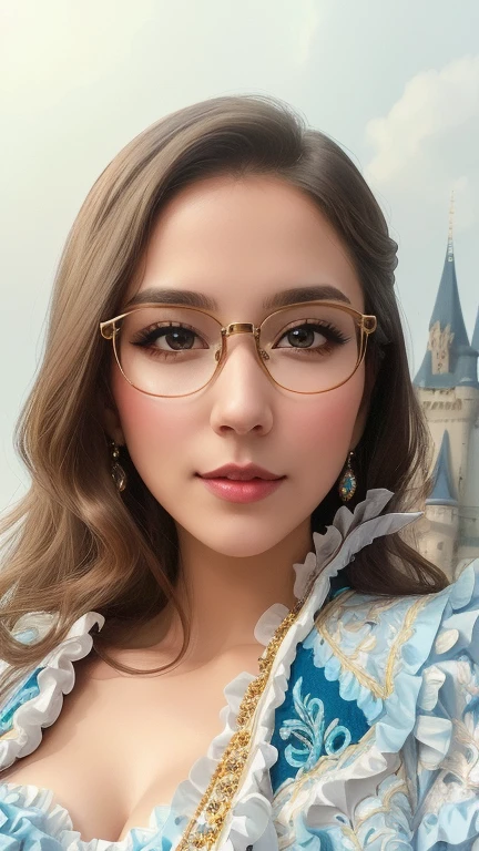 there is a woman with glasses and a blue shirt posing for a picture, headshot profile picture, halfbody headshot, front portrait, looking straight to camera, closeup headshot, headshot photo, medium portrait, medium close up portrait, taken in the early 2020s, slightly smiling, mid shot portrait, looking away from camera, high quality portrait, 2 8 years oldultra-detailed, extremely detailed,((anime artstyle)),Masterpiece,(Best Quality),(Super Detail),(Very Delicate and Beautiful),((Solo)),(((full body))),full body,((detailed face and eyes)),perfect eyes, rendered eyes,jewel-like beautiful eyes,((1 princess in beautiful embroidery and jeweled gorgeous rococo ballgown with frilled voluminous full length hoop skirt)),((Crinoline)),beautiful embroidery and jeweled gorgeous rococo ballgown with frilled voluminous full length hoop skirt,(large amount of straight hair,extremely voluminous Very Long straight Hair,Absolutely Long Straight Hair),sparkly skin,(((very gigantic boobs,skindentation))),Bursting breasts,cleavage,((fantasy castle,outdoors,outside the castle)),long_gloves,extremely gorgeousfull jeweled hair ornament,(bling-bling extremely gorgeousfull jeweled tiara),(luxurious jewelry),full body,beautiful embroidery and jeweled gorgeous rococo ballgown with frilled voluminous full length hoop skirt