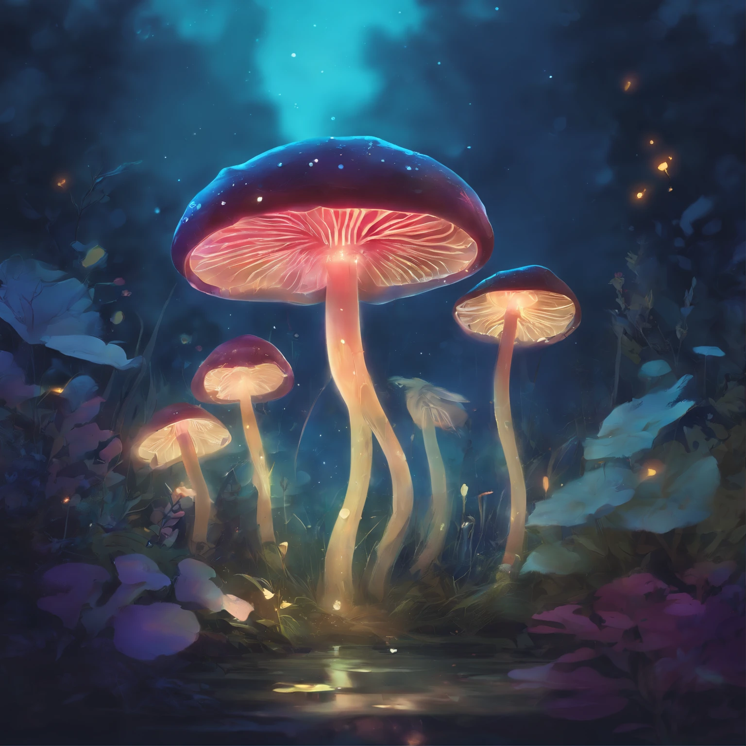 Bioluminescent Mushroom, flourishing in a tranquil garden bathed in the soft light of dawn, surrounded by delicate flora, the scene exuding serenity and the promise of a new day, Photography, macro lens (50mm), natural light