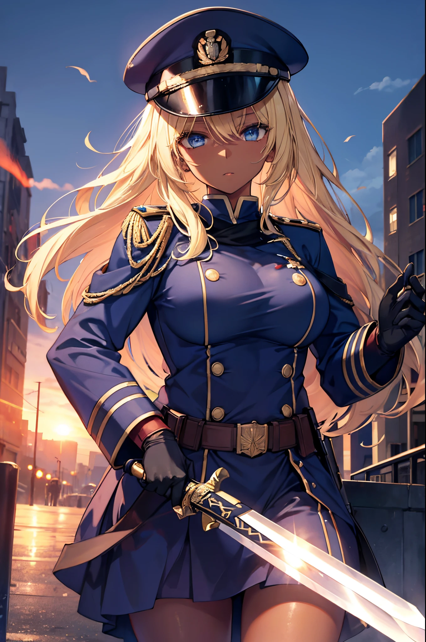 Female, Hime Cut Blonde hair, Blue eyes, dark brown skin, large breasts, wearing a military uniform and military cap and wielding a sword. A city background during the day time.