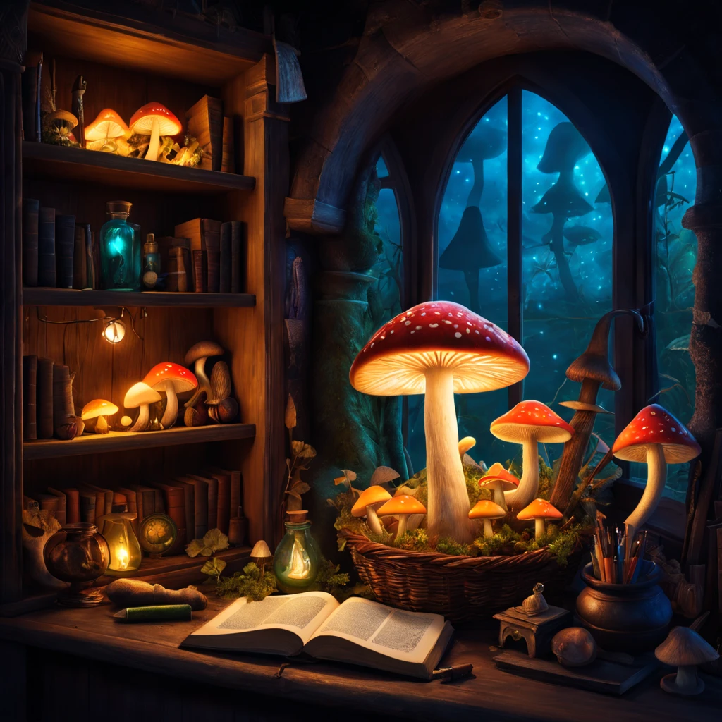 Witch's Room,magic mushrooms in the basket,((Luminous mushrooms:vivd colour)),window,magic potion bottle,Photospores fly,magical lights,Light-emitting diode,masterpiece,8K,mandragora,medicinal herb shelf,bookcase,Open Books,scattered parchment,magic fountain pen,A mysterious sight,Fantastical,The dim,Oil