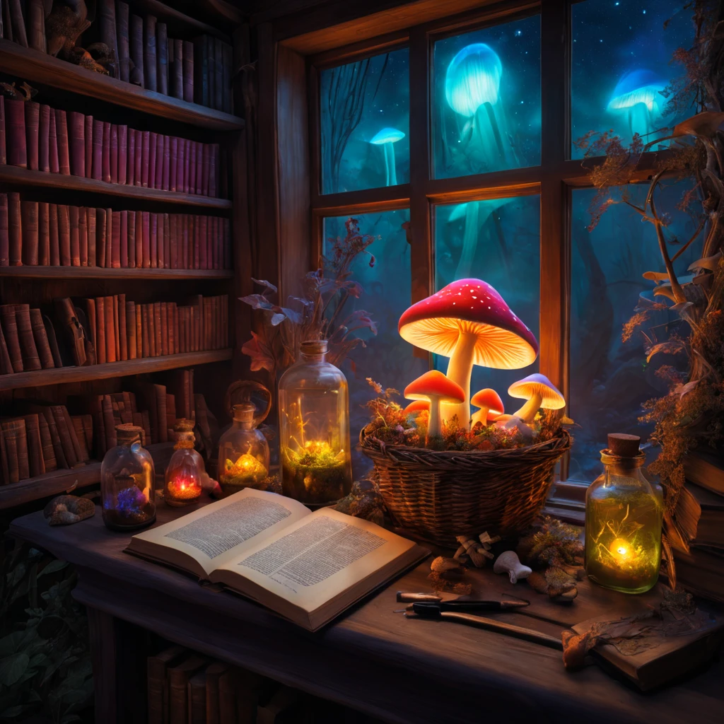 Witch's Room,magic mushrooms in the basket,((Luminous mushrooms:vivd colour)),window,magic potion bottle,Photospores fly,magical lights,Light-emitting diode,​masterpiece,8K,mandragora,medicinal herb shelf,bookcase,Open Books,scattered parchment,magic fountain pen,A mysterious sight,Fantastical,The dim,Oil