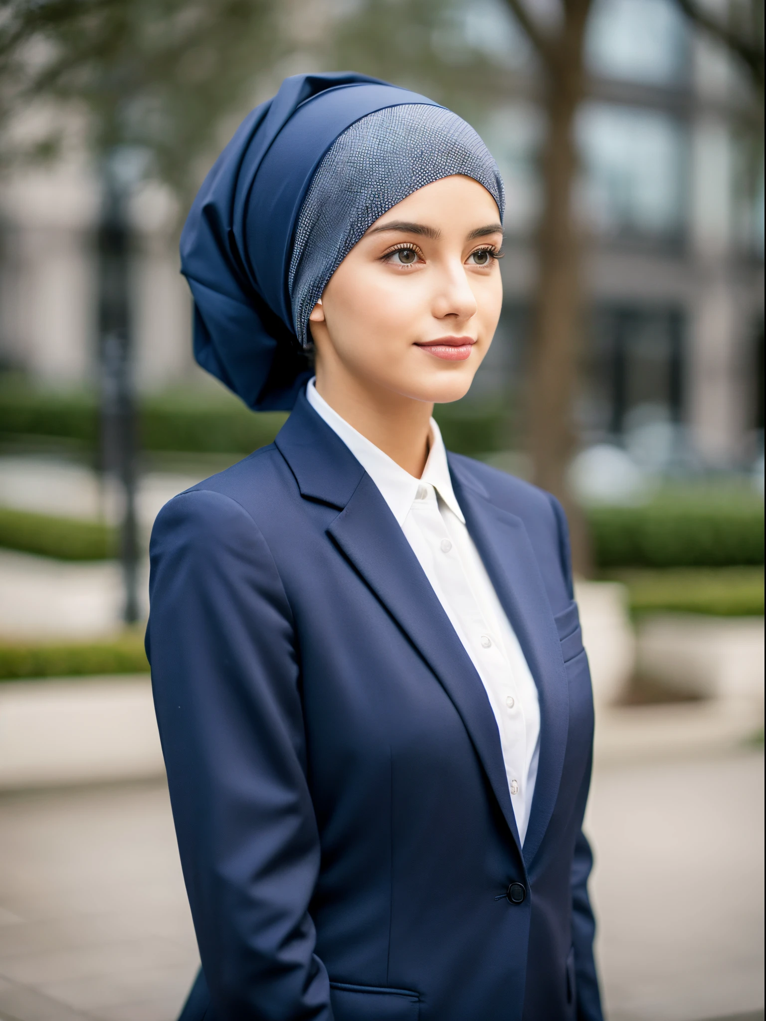 25 years old, headscarf, suit, office