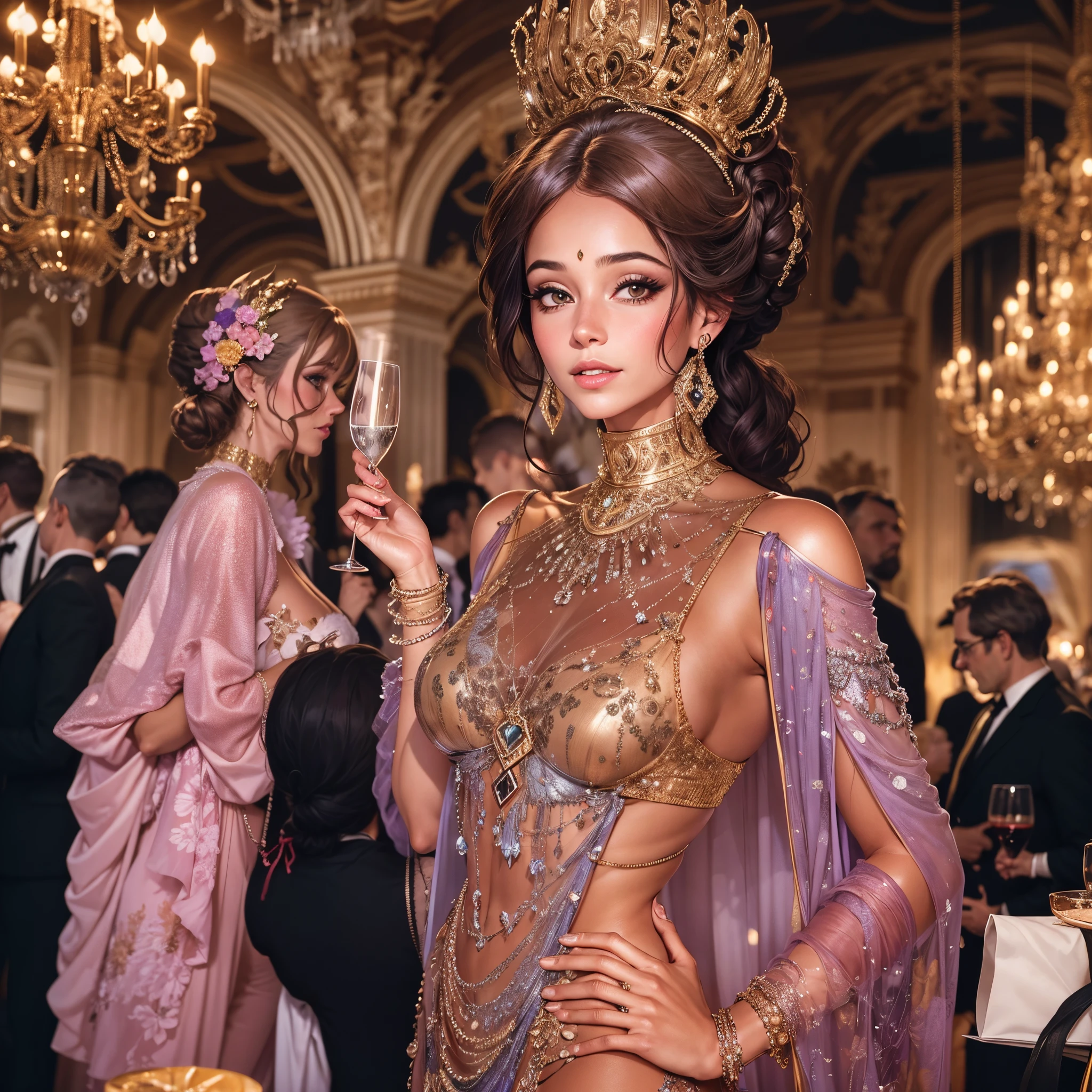 "Explore a grandiosidade da festa mais luxuosa de 1971, Destacando os trajes extravagantes, os convidados proeminentes, the opulent decoration and the remarkable moments that made this celebration a milestone in the history of high society parties. Highlight the technological innovations and unique details that made this event an unforgettable event, representing the height of luxury and sophistication of the time."