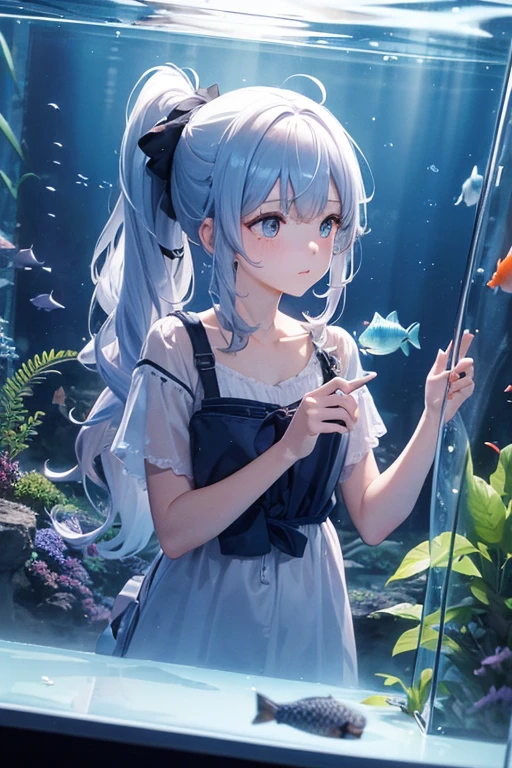 High resolution, 4k, watercolor, girl, cute, side ponytail, beautiful eyes, wide shot, depth of field, beautiful hair, large aquarium, glass, many beautiful fish, aquarium, dark, light flare, wide angle , deep blue, many bottles, light reflections,