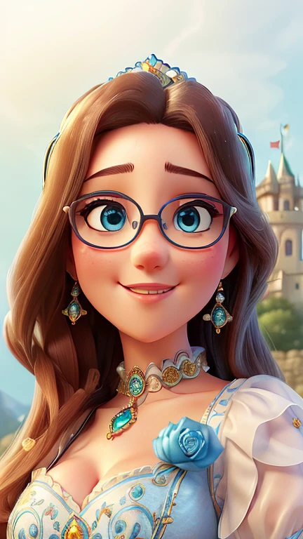 there is a woman with glasses and a blue shirt posing for a picture, headshot profile picture, halfbody headshot, front portrait, looking straight to camera, closeup headshot, headshot photo, medium portrait, medium close up portrait, taken in the early 2020s, slightly smiling, mid shot portrait, looking away from camera, high quality portrait, 2 8 years old, blue eyes, ultra-detailed, extremely detailed,((anime artstyle)),Masterpiece,(Best Quality),(Super Detail),(Very Delicate and Beautiful),((Solo)),(((full body))),full body,((detailed face and eyes)),perfect eyes, rendered eyes,jewel-like beautiful eyes,((1 princess in beautiful embroidery and jeweled gorgeous rococo ballgown with frilled voluminous full length hoop skirt)),((Crinoline)),beautiful embroidery and jeweled gorgeous rococo ballgown with frilled voluminous full length hoop skirt,(large amount of straight hair,extremely voluminous Very Long straight Hair,Absolutely Long Straight Hair),sparkly skin,(((very gigantic boobs,skindentation))),Bursting breasts,cleavage,((fantasy castle,outdoors,outside the castle)),long_gloves,extremely gorgeousfull jeweled hair ornament,(bling-bling extremely gorgeousfull jeweled tiara),(luxurious jewelry),full body,beautiful embroidery and jeweled gorgeous rococo ballgown with frilled voluminous full length hoop skirt