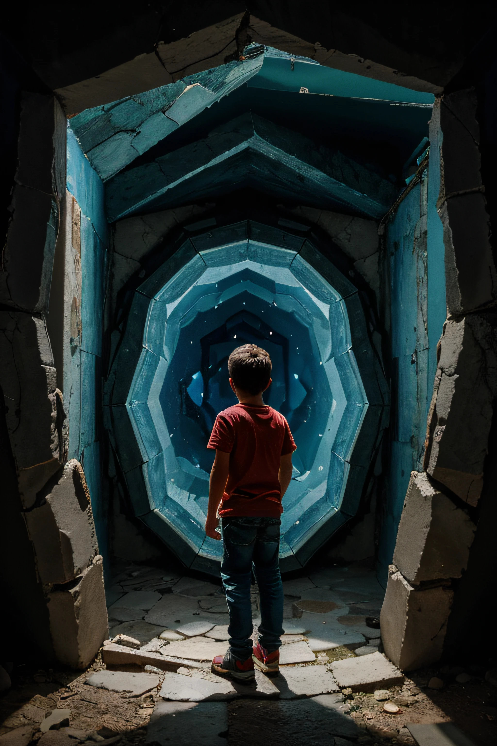 Imagem realista de um , de costas, looking through a large jagged portal, colorido e abstrato, explorando os conceitos de mente humana, pensamentos, ansiedade, incertezas e anseios, arte de videogame