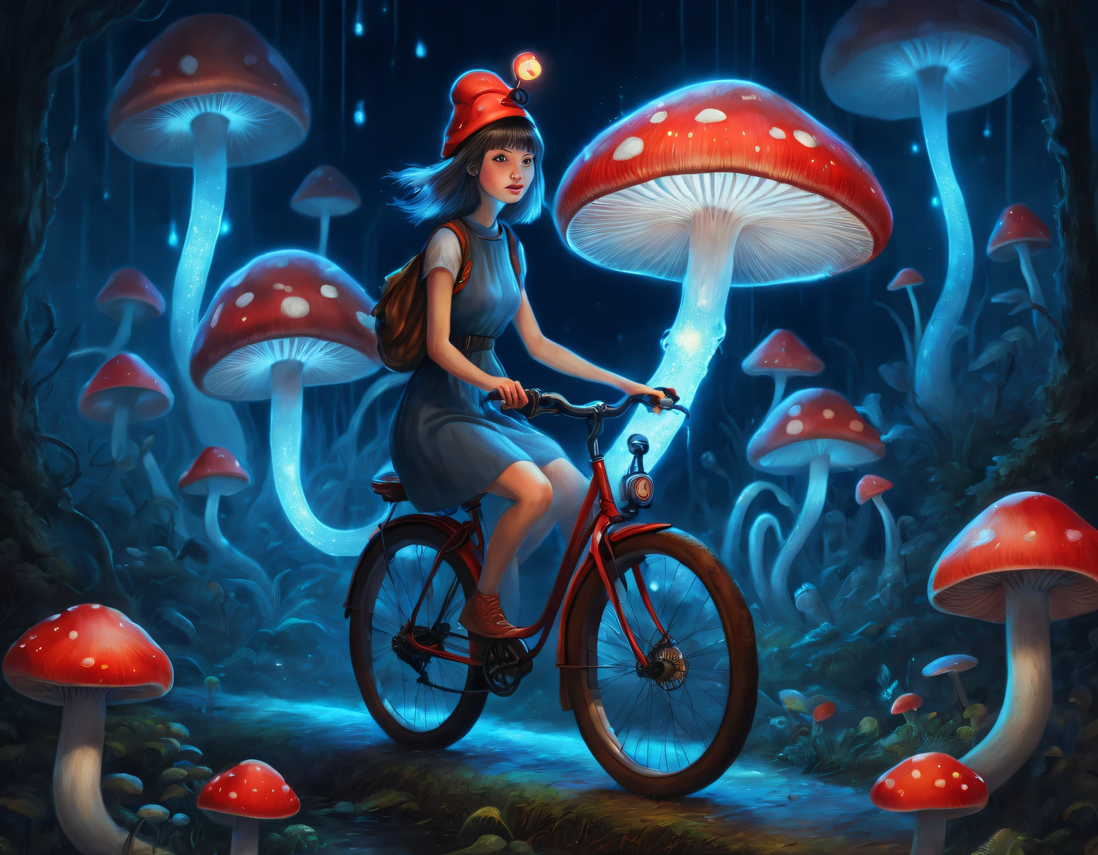 beth hamity style，Drawing of girl riding blue and red glowing mushroom bicycle, ，Luminous cells in mushroom gills produce fluorescence through bioluminescence，snail，tropical garden，, Surreal cute snail, dreamlike illustration, Dripping honey, hyperrealistic aesthetic, Pop surrealism, Integrated into Ligent