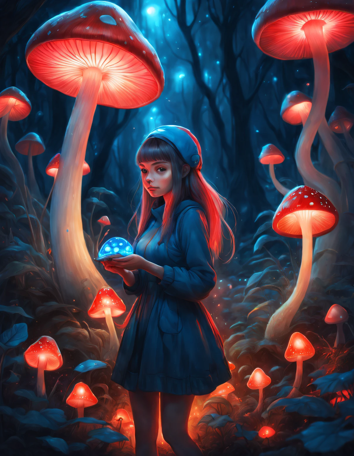 beth hamity style，Girl holding blue and red glowing mushroom garden drawing, ，snail，Luminous cells in mushroom gills produce fluorescence through bioluminescence，Pop surrealism,  Integrated into Ligent, Surreal cute snail, dreamlike illustration, Dripping honey, hyperrealistic aesthetic,  genetic engineering