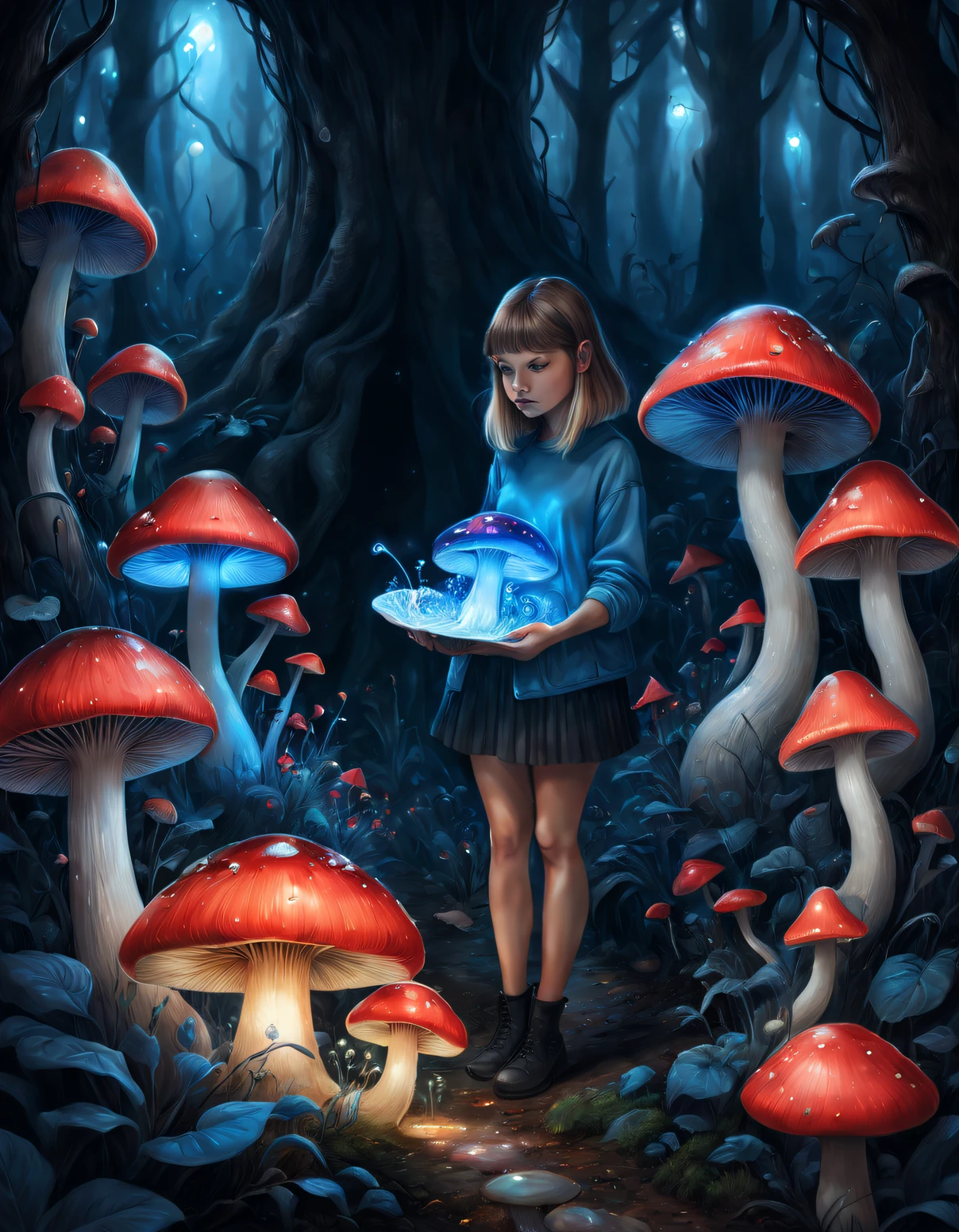 beth hamity style，Girl holding blue and red glowing mushroom garden drawing, ，snail，Pop surrealism,  Integrated into Ligent, Surreal snail， dreamlike illustration, Dripping honey, hyperrealistic aesthetic,  genetic engineering