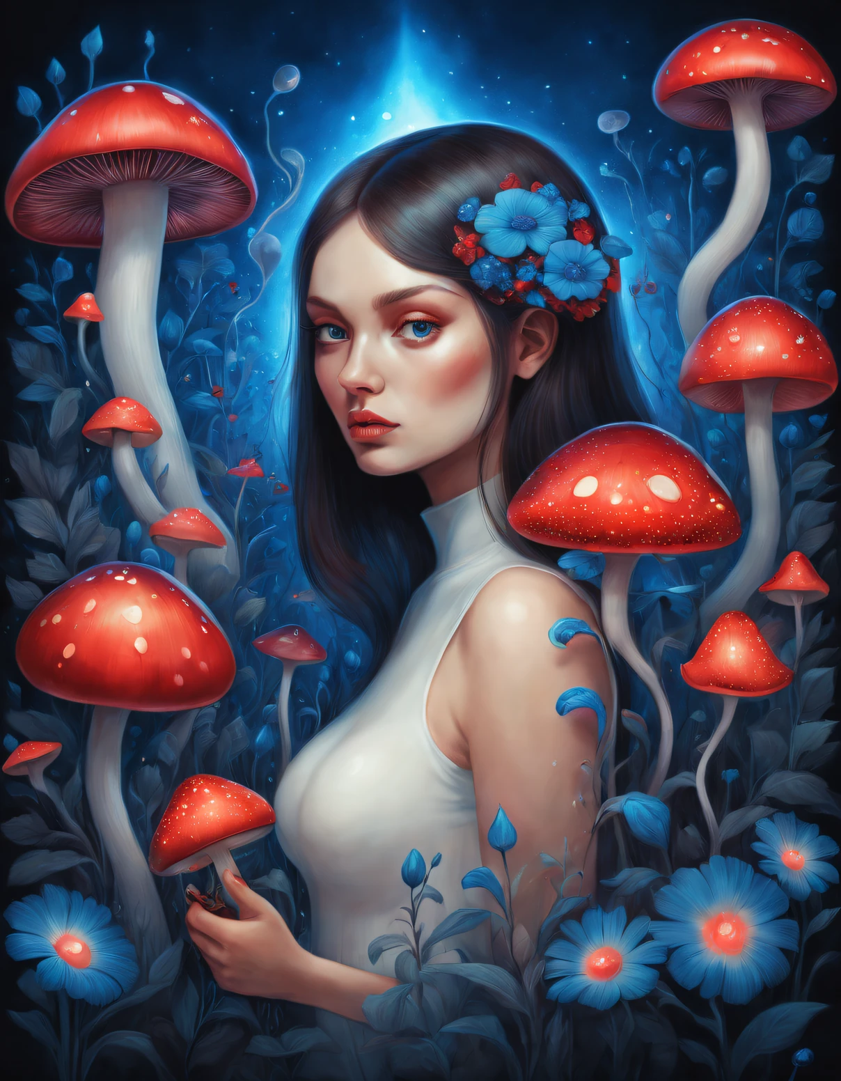 beth hamity style,Drawing of woman holding blue and red flowers, Glowing Mushroom Garden ,snail pop surrealism, Integrated into Ligent, surreal teen, dreamlike illustration, Dripping honey, hyperrealistic aesthetic, genetic engineering