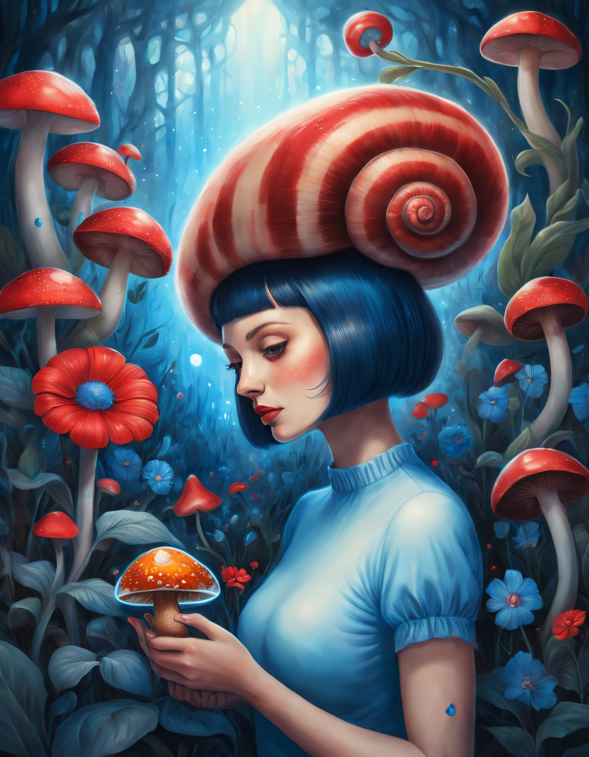beth hamity style,Drawing of woman holding blue and red flowers, big snail,Glowing Mushroom Garden ,Pop surrealism, Integrated into Ligent, surreal teen, dreamlike illustration, Dripping honey, hyperrealistic aesthetic, genetic engineering