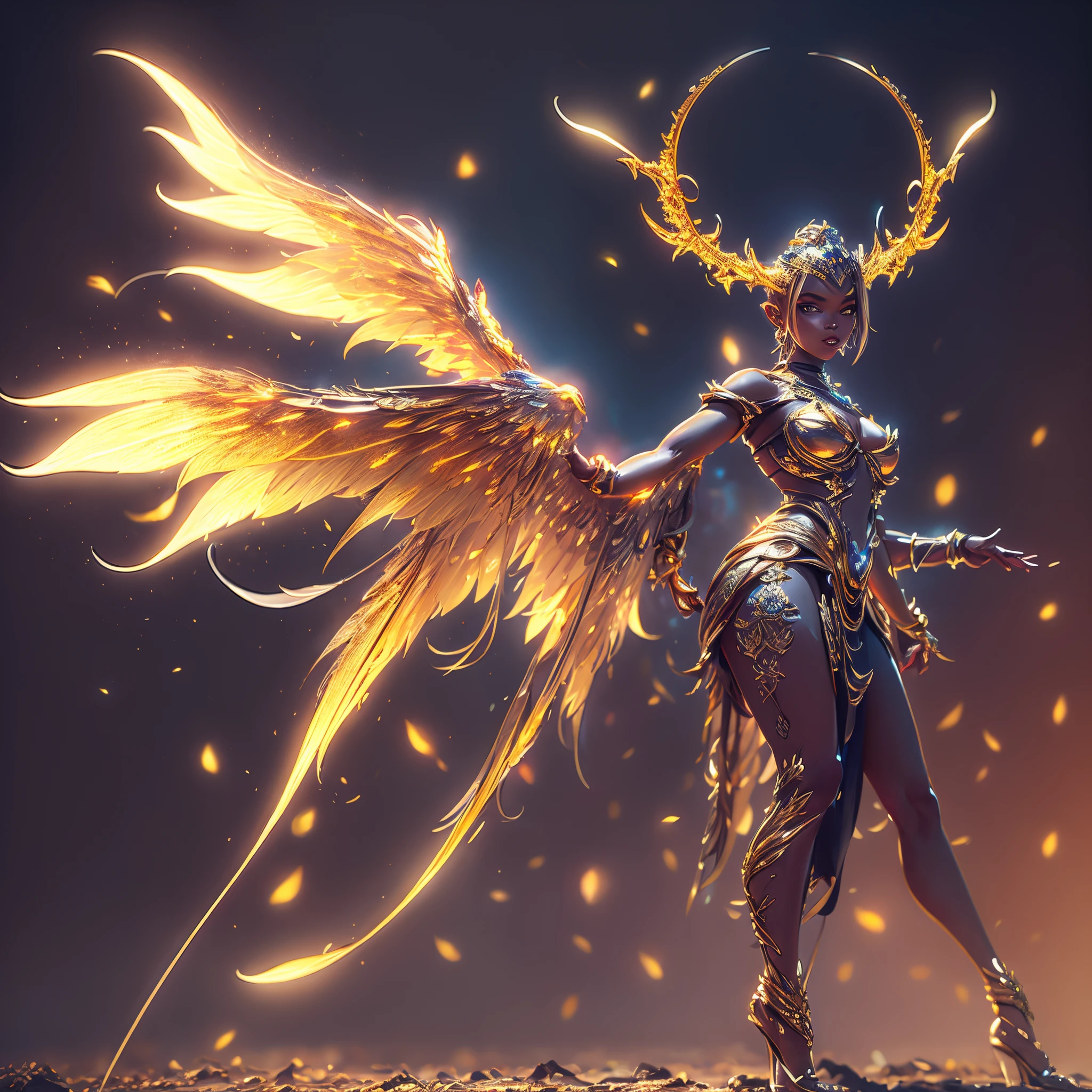 8k, ultra detailed,  ultra high quality, unreal engine, high resolution, beautiful yet terrifying female demonic angel, looking at the camera, detailed face, detailed eyes, ruby coloured eyes, illuminating halo, halo, gold horns, full body image, curvy,  ebony skin, ultra detailed body,  cosmic armour, transparent large falcon wings,  background, white and gold coloured wings with dark tint edges, solo focus, cinematic, ancient ruins in background, illuminating moonlight, dark fantasy,
