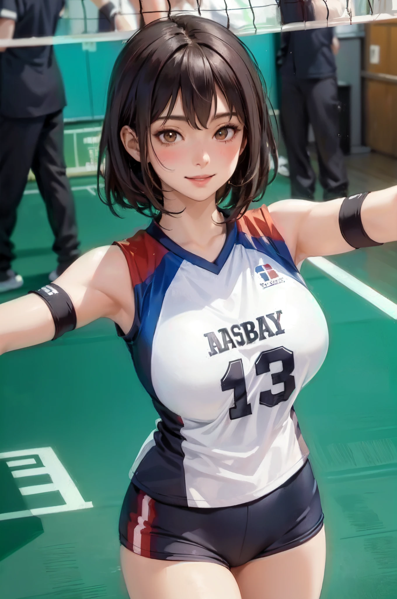 1lady solo, /(volleyball uniform/), /(dark brown hair/) bangs, blush light smile, (masterpiece best quality:1.2) delicate illustration ultra-detailed, large breasts BREAK /(volleyball court indoors/)