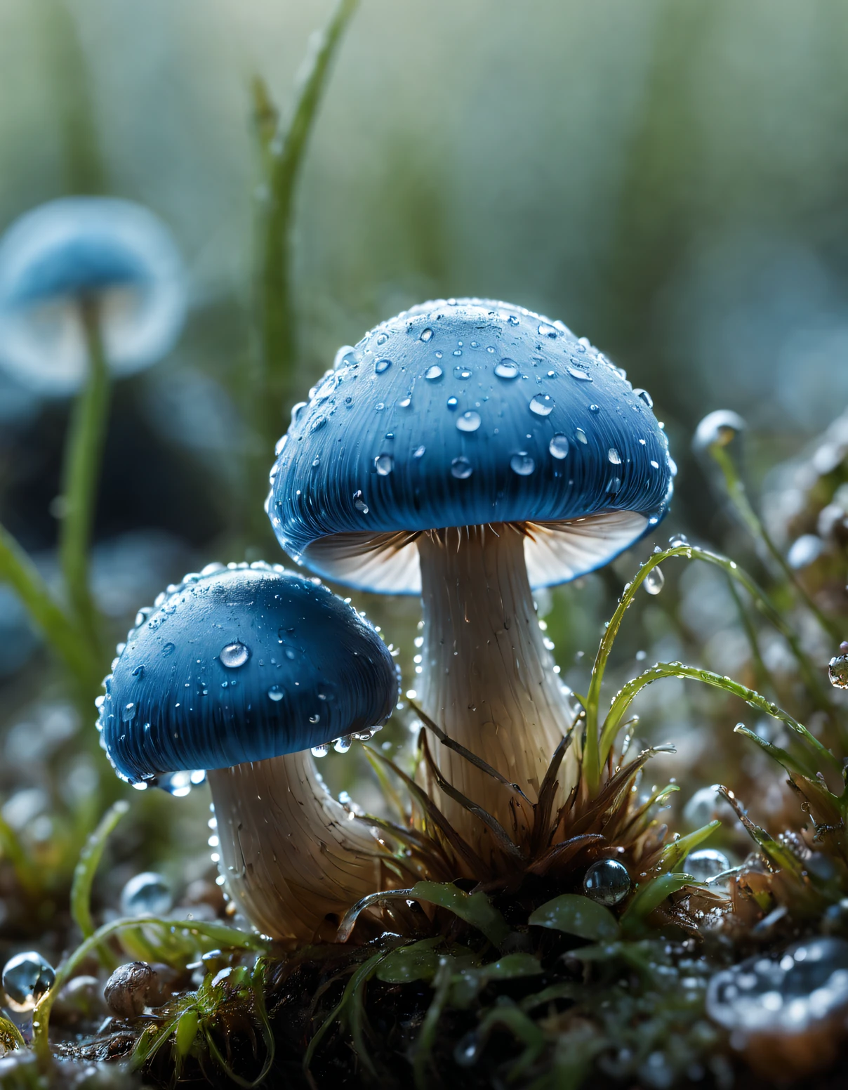Close up photography, New Zealand Glowing Small Blue Mushroom New Zealand Glowing Small Blue Mushroom captured with fresh water drops in soft morning light ,And snails, ultra - detailed, Photographed by Sony Alpha 7c using 105mm Macro F2. 8, 8k - AR 1080:1920s-1950s