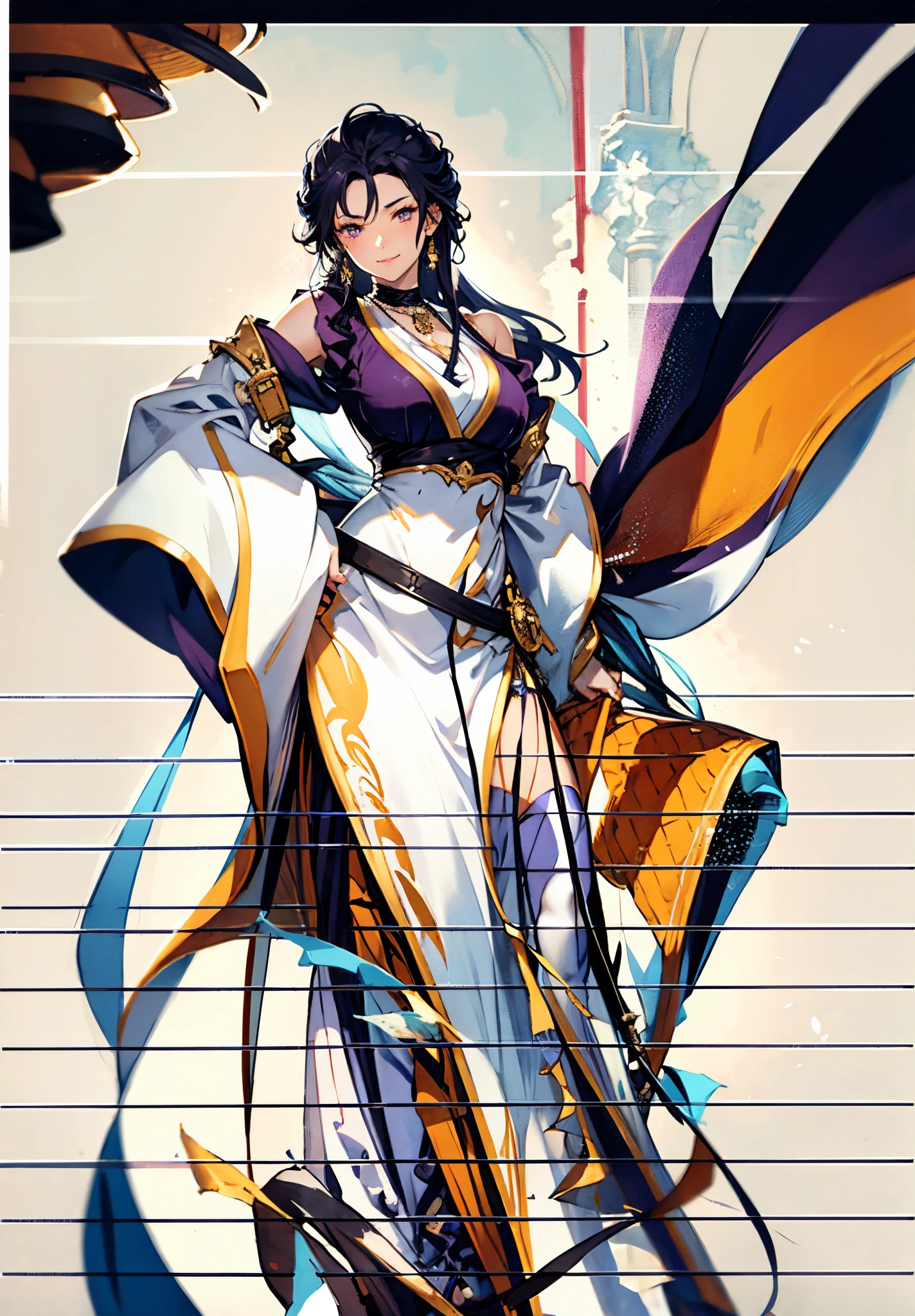 A mature woman, medium-length black-purple hair, curly bangs, sly eyes, a playful smile, an elegant and wise demeanor, a simple fantasy martial arts-style orange two-piece dress with a long skirt, wide sleeves, a flowing hem, Gracefully strolling in an ancient building towering among the mountains, this character embodies a finely crafted fantasy martial arts-style female warrior in anime style, exquisite and mature manga art style, high definition, best quality, highres, ultra-detailed, ultra-fine painting, extremely delicate, professional, anatomically correct, symmetrical face, extremely detailed eyes and face, high quality eyes, creativity, RAW photo, UHD, 8k, Natural light, cinematic lighting, masterpiece-anatomy-perfect, masterpiece:1.5