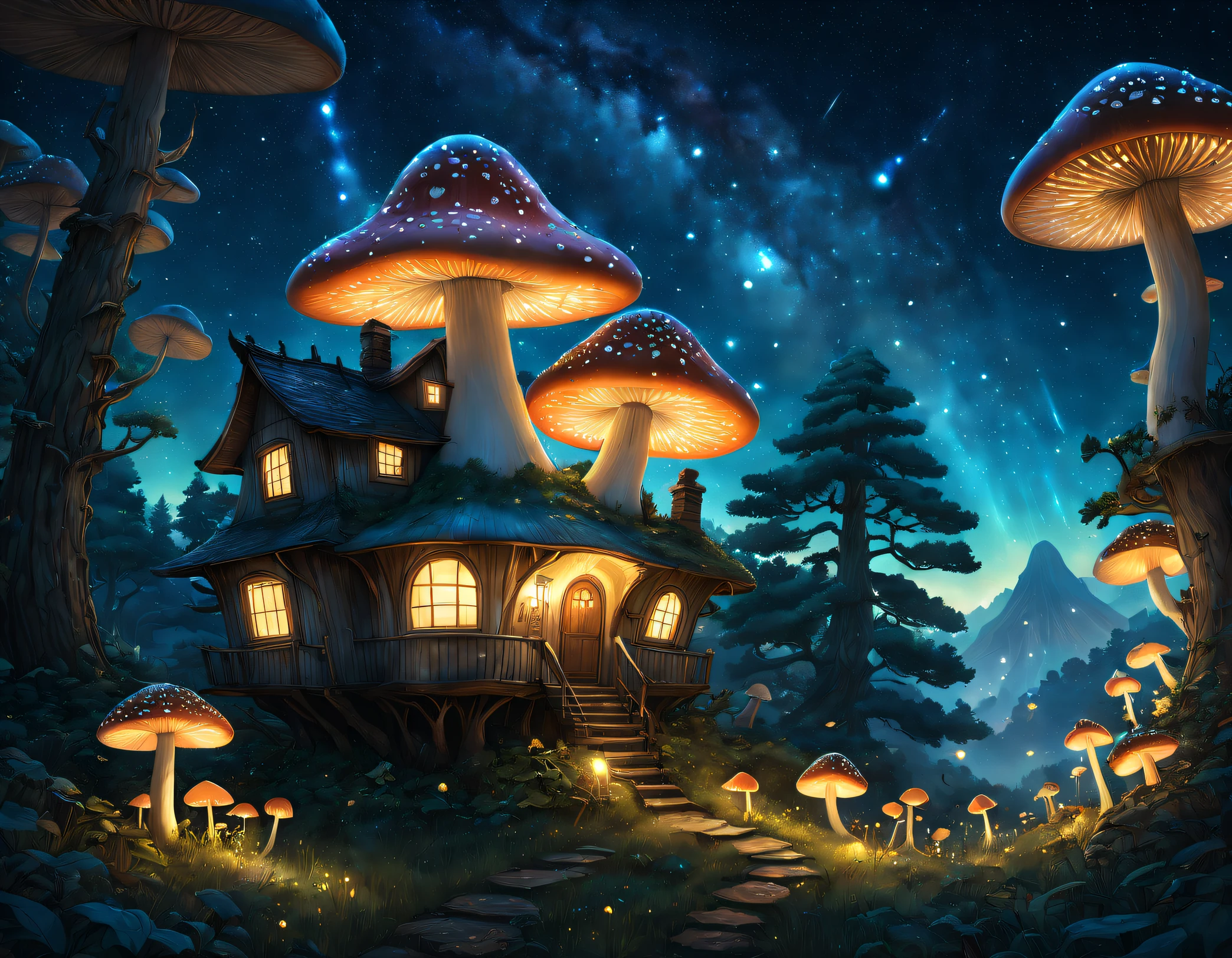 magical, mistic, Ethereal landscape, Excellent surreal summer glow mushroom house, Glowing mushrooms,
☀️🌳🌼, stars ⭐ : 🌟✨, Super detailed and beautiful digital illustrations by James R. Edited, Audrey Kawasaki, Amiso, naoto hattori, yayoi kusama, by Ghibli Studio, boundless