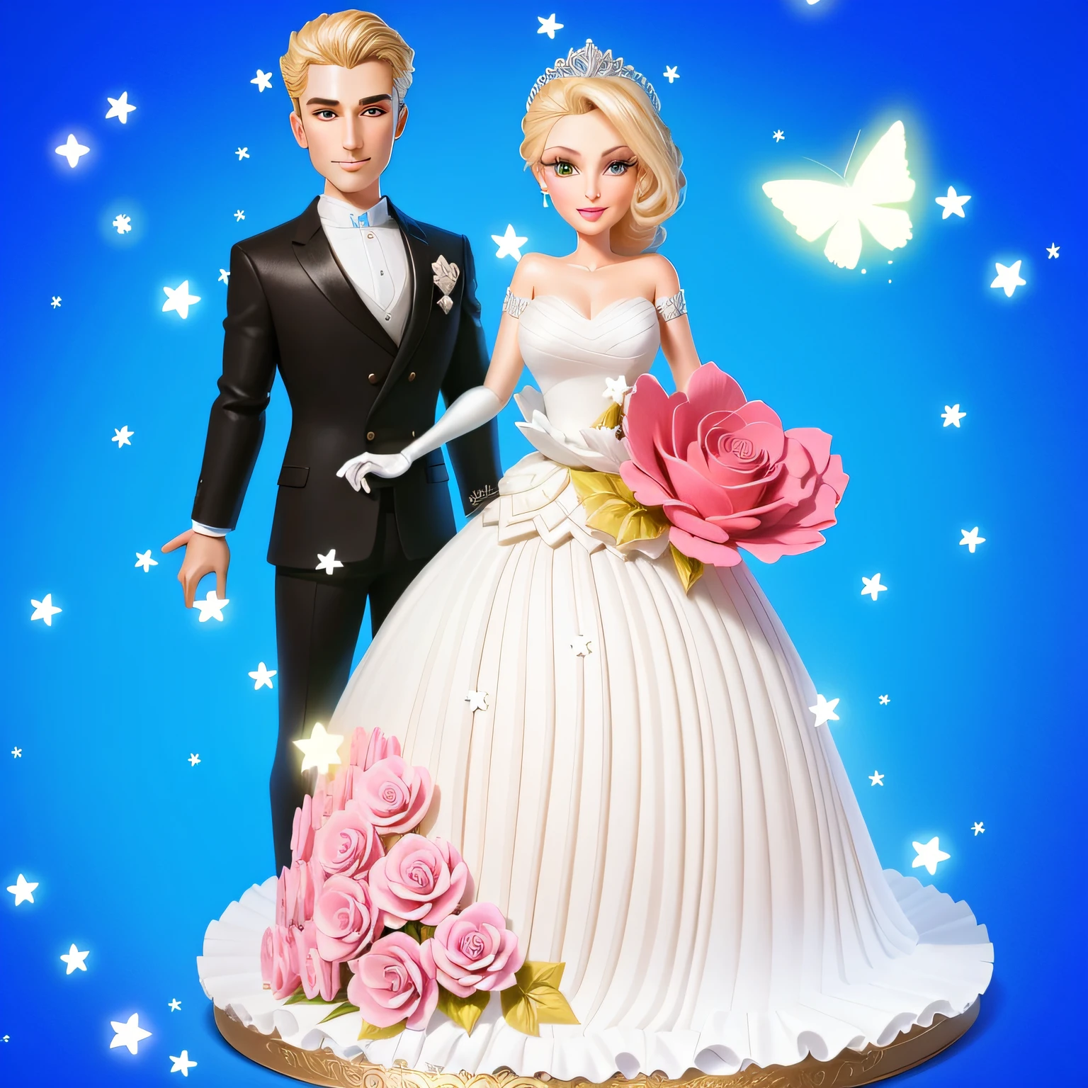 bride and groom standing next to each other in a wedding cake, luxurious wedding, royal wedding, glittery wedding, fantasy fairytale story, wedding, lovely couple, cake art, stylized, barbie or ken doll, bride and groom, wedding photo, romantic themed, imperial royal elegant clothing, romantic storybook fantasy, very stylized, knight and princess