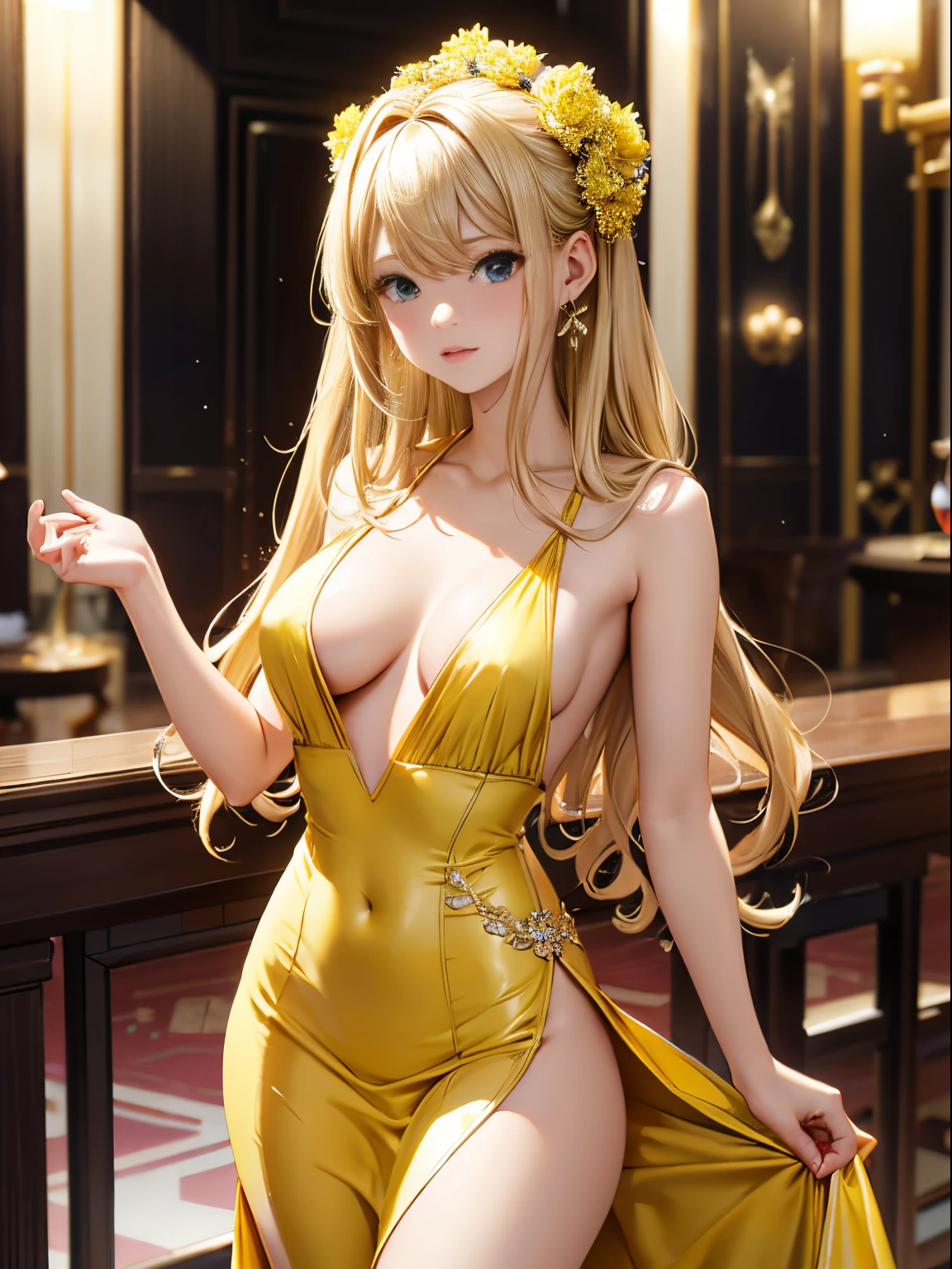 超A high resolution、An ultra-high picture quality、8K、Detailed details、marvelous expression、1 person woman、Tall slender woman、Super small breasts、small tits、blonde long perm style、Luxurious hair ornaments、yellow satin cocktail dress、Luxury hotel dance party background、