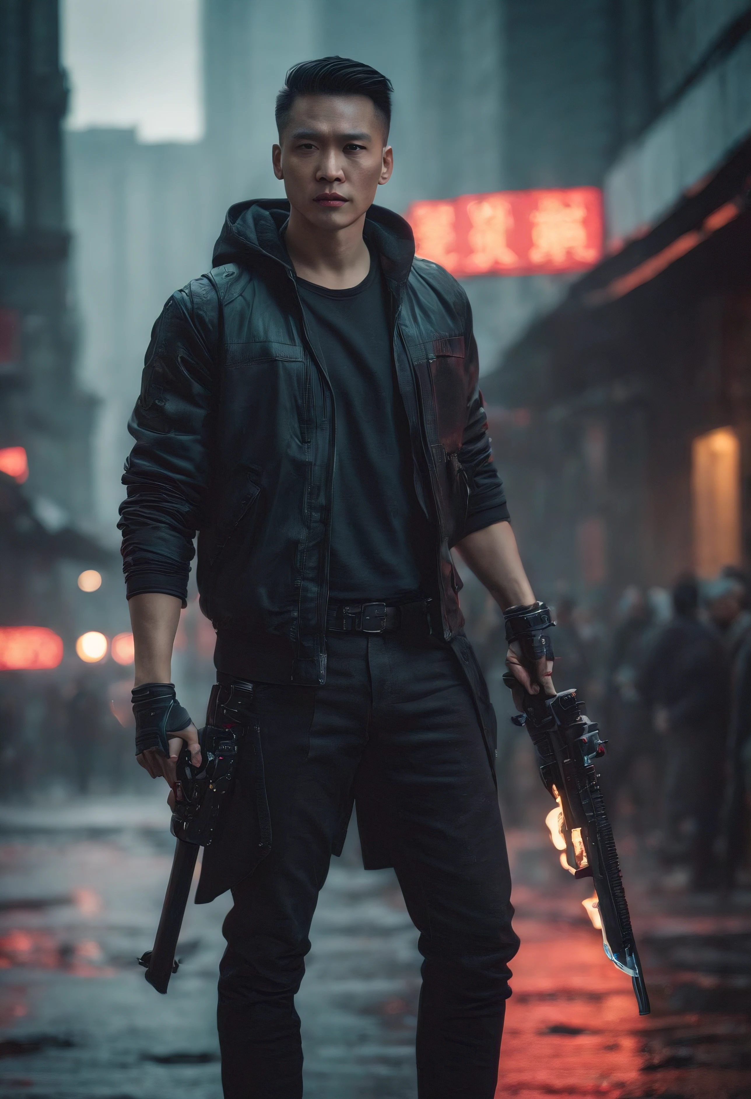 The city of cyberpunk,Chinese male full body front,Background text is clear,No background blur allowed.,High background brightness,Hold a long knife in your hand,Hands covered in blood,in a panoramic view,