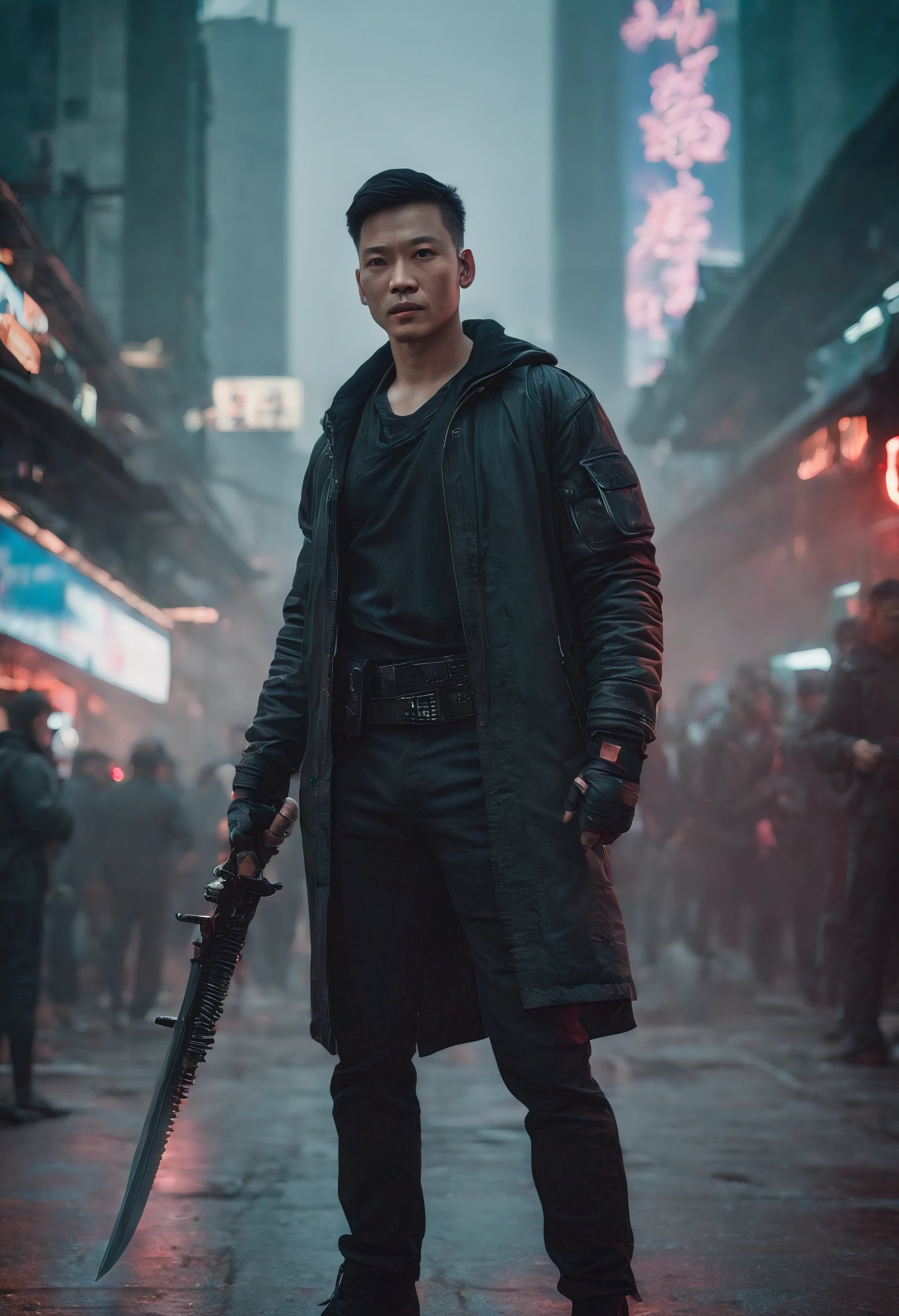 The city of cyberpunk，Chinese male full body front，Background text is clear，No background blur allowed.，High background brightness，Hold a long knife in your hand，Hands covered in blood，in a panoramic view，