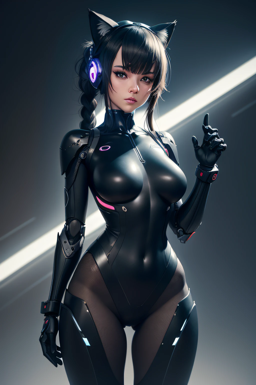Female robot wearing a black bodysuit Has cat ears and a tail Mechanical arm mechanical legs Mechanical fuselage Lurking in the Dark, nffsw, retinas, masutepiece, ccurate, Anatomically correct, Textured skin, Super Detail, high details, High quality, Best Quality, hight resolution