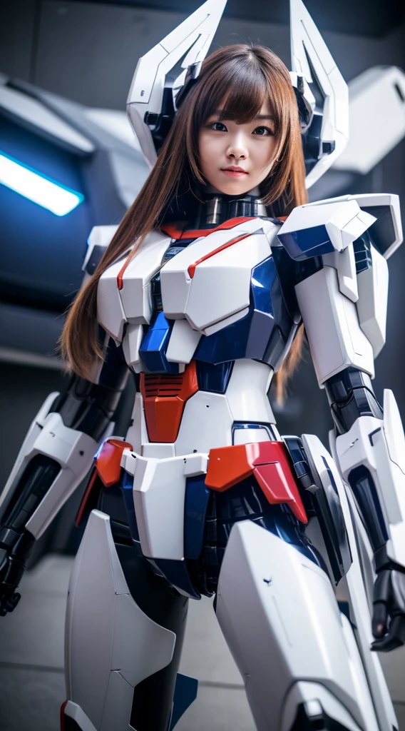 Textured skin, Super Detail, high details, High quality, Best Quality, hight resolution, 1080p, hard disk, Beautiful,(Gundam),(Superheroine),beautiful cyborg woman,Mecha Cyborg Girl,Battle Mode,Girl with a Mecha Body,She wears a futuristic Gundam mecha,Fulll body Shot