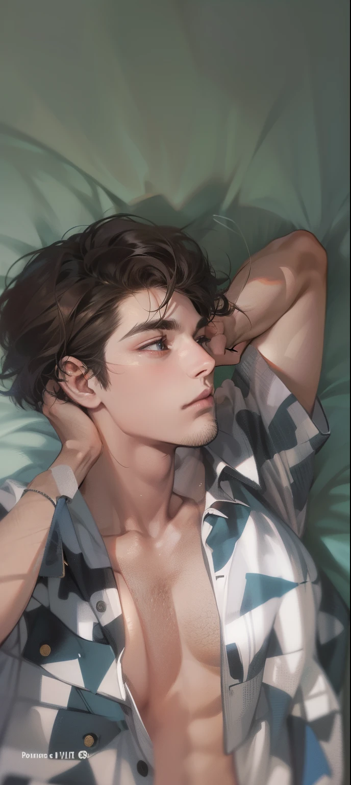 Masterpiece, Best quality, Realistic, 1人, Mature male, Quiet and charming young man, 25 years old, closing her eyes, Serious look, Extremely detailed face, ((dark gray eyes)), ((Right sweep short dark brown hair)), [Thick eyebrows], Detective, International city, pyjamas, Cinematic lighting, Lie down in bed, Postural dynamics,