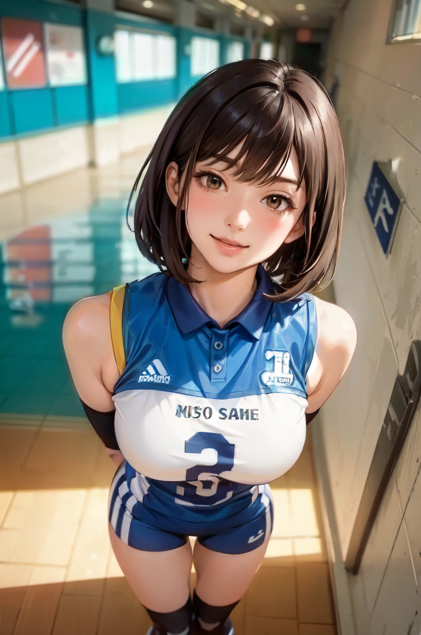 1lady solo, (looking up) from above, /(volleyball uniform/), /(dark brown hair/) bangs, blush light smile, (masterpiece best quality:1.2) delicate illustration ultra-detailed, large breasts, (arms behind back) BREAK /(indoor stadium hallway/) indoors