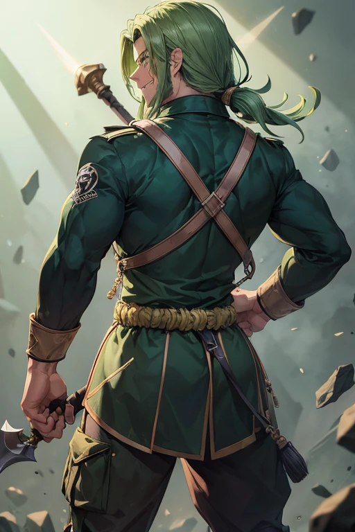 masterpiece, best quality, Highly detailed, {1man}, (adult),  green eyebrows, green hair, asymmetrical hair, combat  boots, back view, expressive eyes, perfect face, sideburns, green eyes, {massive colossal body builder body}, {tall}, wears green jacket, holding huge spear axe on right hand, ((light background)), (full body), back view looking and smiling at viewer