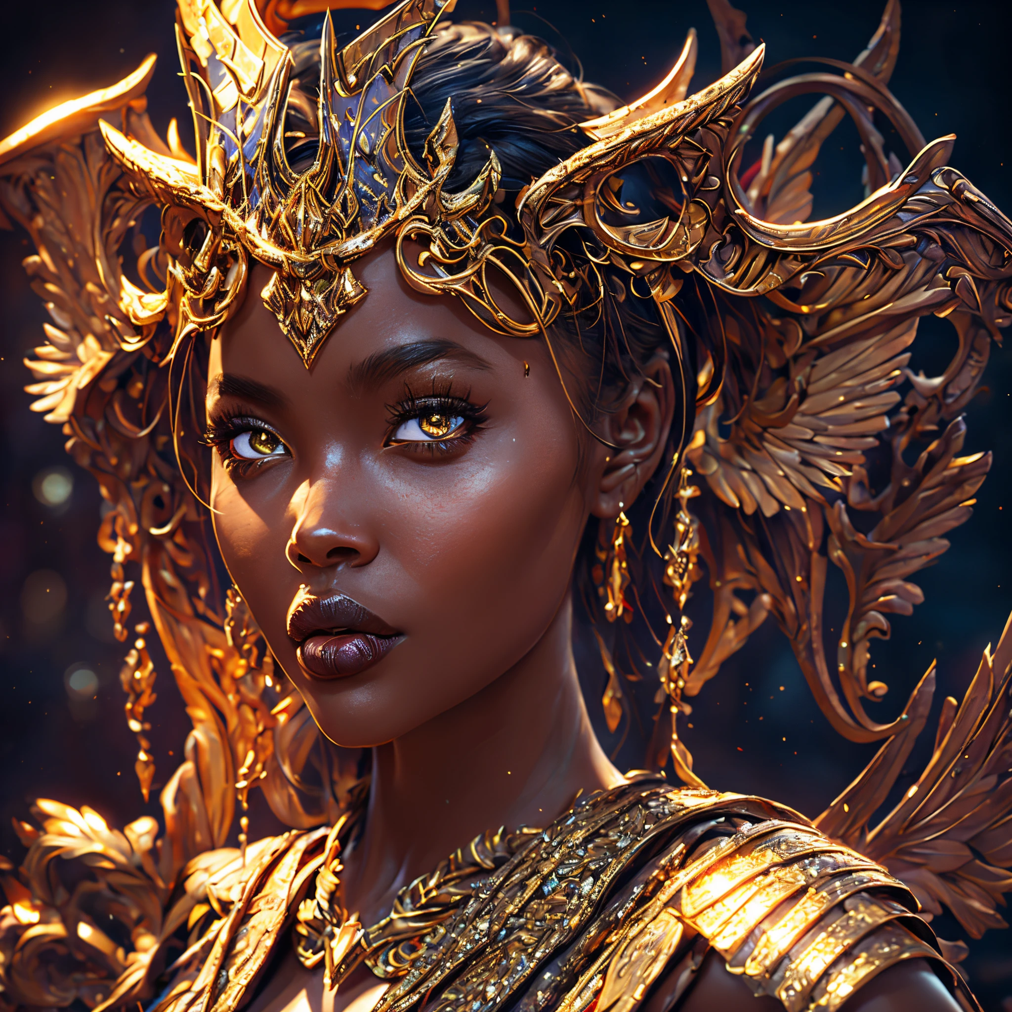8k, ultra detailed, ultra high quality, unreal engine, high resolution, beautiful yet terrifying female demonic angel, looking at the camera, detailed face, detailed body, detailed eyes, ruby colored eyes, ebony skin, halo, gold horns, cosmic armour, solo focus, cinematic, colourful atmosphere, illuminating moonlight