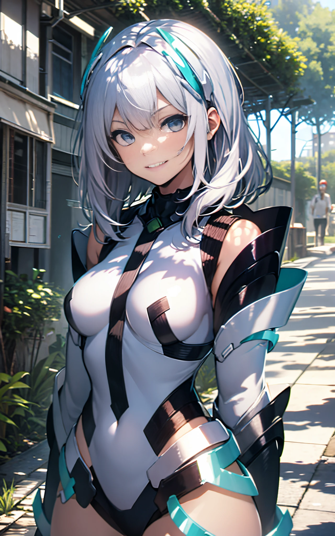 lightsmile, deva battle suit, Outdoors, Silver hair, bobhair, Blue eyes, waist shot