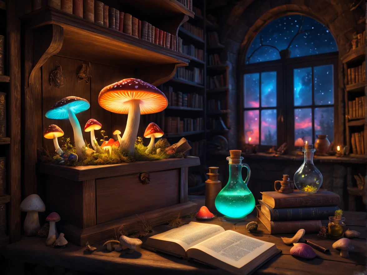 Witch's Room,magic mushrooms in the basket,((Luminous mushrooms:vivd colour)),window,magic potion bottle,Photospores fly,magical lights,Light-emitting diode,​masterpiece,8K,mandragora,medicinal herb shelf,bookcase,Open Books,scattered parchment,magic fountain pen,A mysterious sight,Fantastical,The dim,Oil