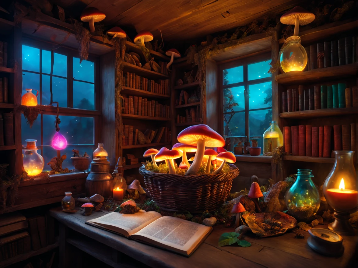 Witch's Room,magic mushrooms in the basket,((Luminous mushrooms:vivd colour)),window,magic potion bottle,Photospores fly,magical lights,Light-emitting diode,masterpiece,8K,mandragora,medicinal herb shelf,bookcase,Open Books,scattered parchment,magic fountain pen,A mysterious sight,Fantastical,The dim,Oil