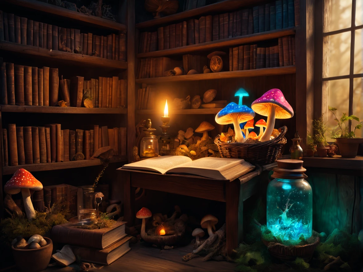 Witch's Room,magic mushrooms in the basket,((Luminous mushrooms:vivd colour)),window,magic potion bottle,Photospores fly,magical lights,Light-emitting diode,​masterpiece,8K,mandragora,medicinal herb shelf,bookcase,Open Books,scattered parchment,magic fountain pen,A mysterious sight,Fantastical,The dim,Oil
