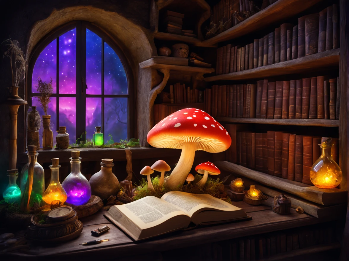 Witch's Room,magic mushrooms in the basket,((Luminous mushrooms:vivd colour)),window,magic potion bottle,Photospores fly,magical lights,Light-emitting diode,masterpiece,8K,mandragora,medicinal herb shelf,bookcase,Open Books,scattered parchment,magic fountain pen,A mysterious sight,Fantastical,The dim,Oil