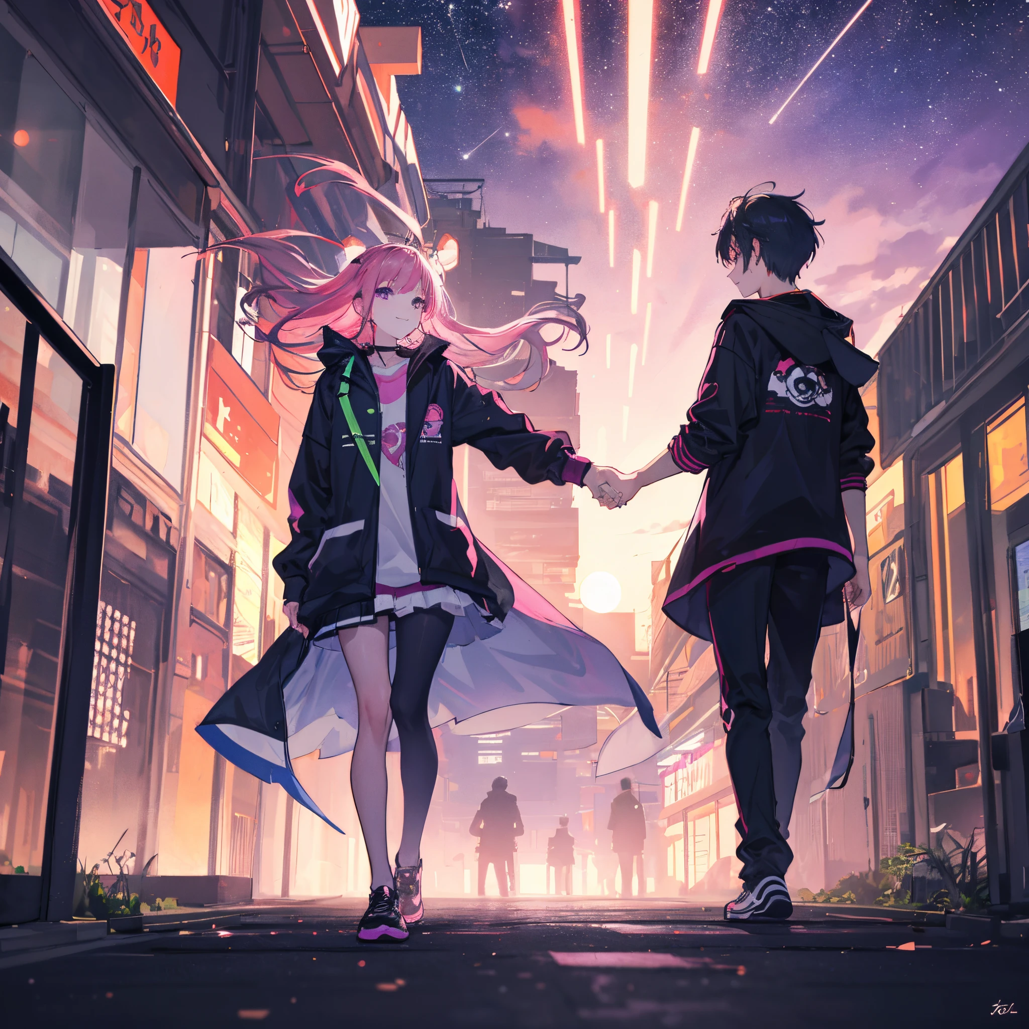 A wide shot of a magnificent futuristic neon-lit wide urban street with (a teenage girl and a boy holding hands side-by-side) while walking down along, low angle, (two-point perspective), three-quarter side profile view, the girl and boy are walking away from the camera, the girl is pointing at the stars while smiling at the boy, warm orange-pink-purple starry sunset sky, ((best quality)), ((masterpiece)), (detailed), perfect face, beautiful eyes, perfect anatomy