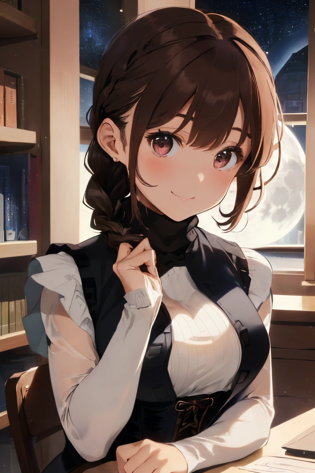 ((Midnight Dark Room)),(atlibrary),((The moon and stars are shining)),((Brown hair)),((Braided shorthair)),((With bangs)),((Brown eyes)),Slight red tide,(he put his elbows on the desk、Hands on the chin.),(A sly smile),(Kamimei),((close up of face)),(Long sleeves with puff sleeves),((Corset-style vest with plenty of strings)),(Wearing a vest puts pressure on your chest.),((turtleneck inner sheer material)),(white, Pink, Black and gray)