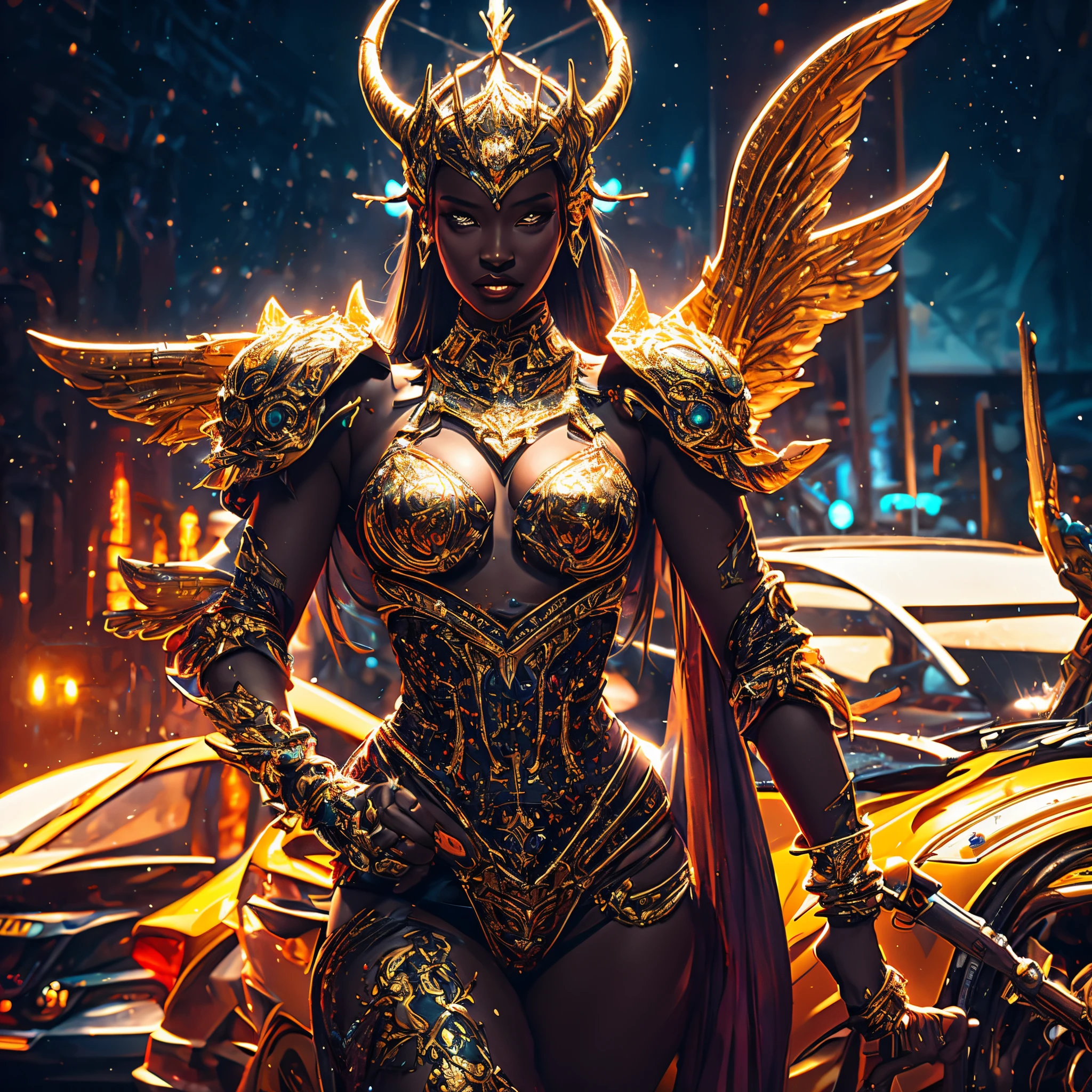 8k, ultra detailed, ultra high quality, unreal engine, high resolution, beautiful yet terrifying female demonic angel, looking at the camera, ebony skin, halo, gold horns, cosmic armour, solo focus, car in the background, colourful atmosphere
