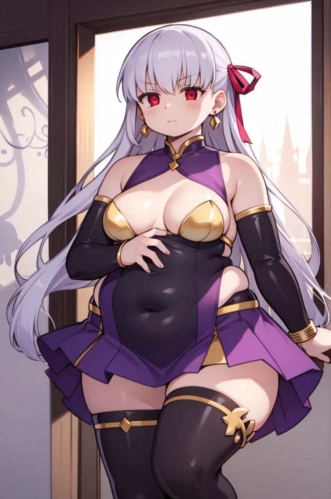 obese fgokama, kama, hair ribbon, (red eyes:1.5), red ribbon, ribbon, long hair, white hair,
BREAK armlet, bare shoulders, bikini armor, bracelet, collar, detached sleeves, dress, earrings, floral print, jewelry, metal collar, miniskirt, pelvic curtain, purple dress, purple skirt, purple sleeves, purple thighhighs, ring, skirt, thighhighs, thighlet,
BREAK looking at viewer,
BREAK indoors, bed
BREAK (masterpiece:1.2), best quality, high resolution, unity 8k wallpaper, (illustration:0.8), (beautiful detailed eyes:1.6), extremely detailed face, perfect lighting, extremely detailed CG, (perfect hands, perfect anatomy),