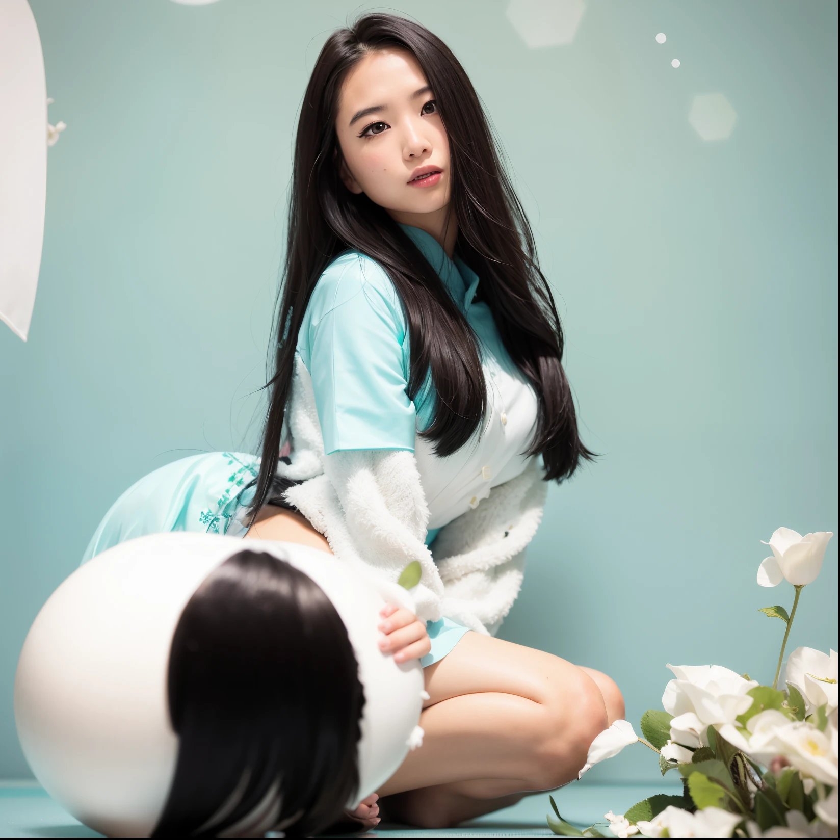 Asian girl,black hairs, white dress,Sky blue and mint background